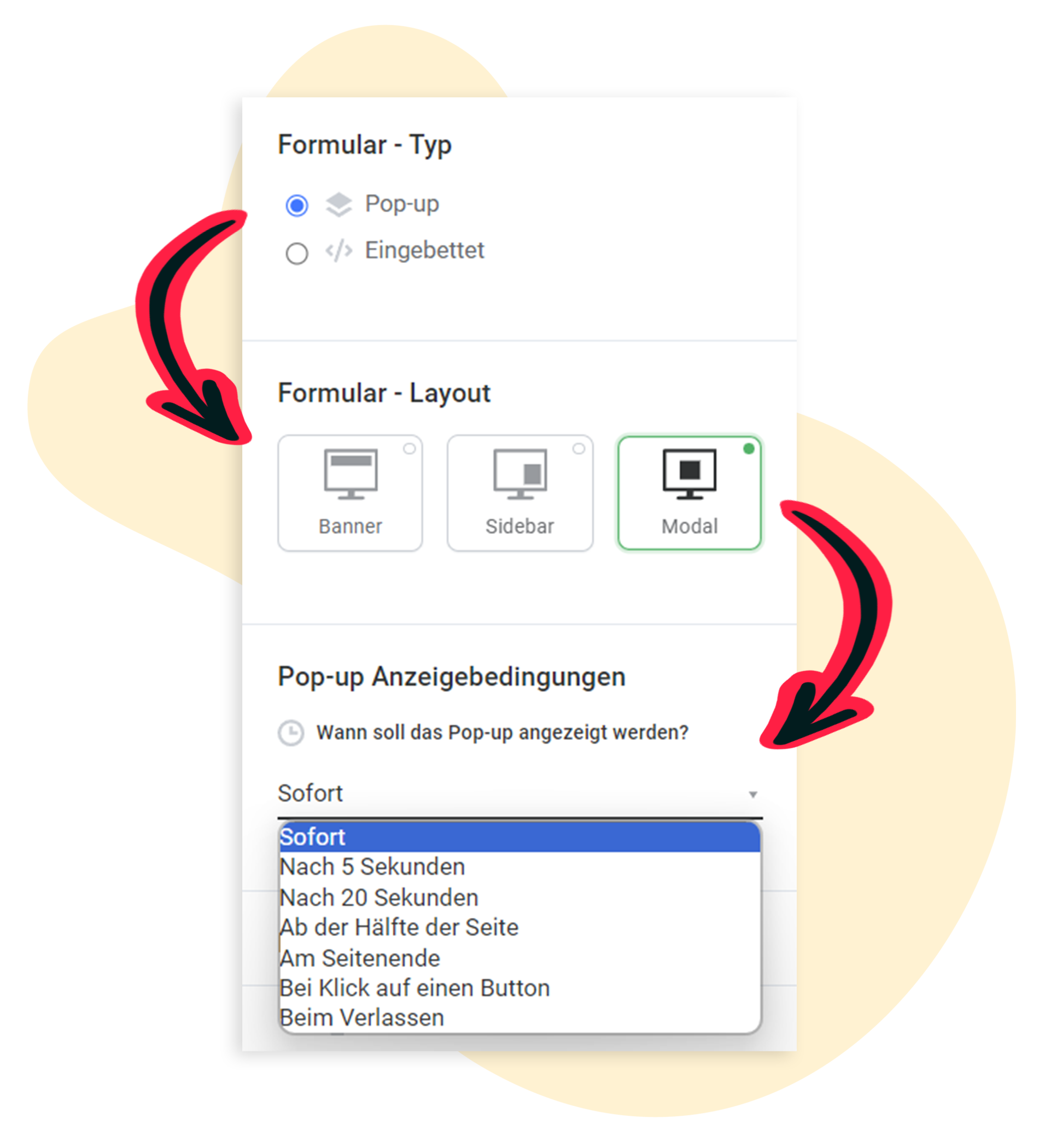 Ansicht im Editor: Formular-Typ, -Layout und Pop-Up-Anzeigebedingungen