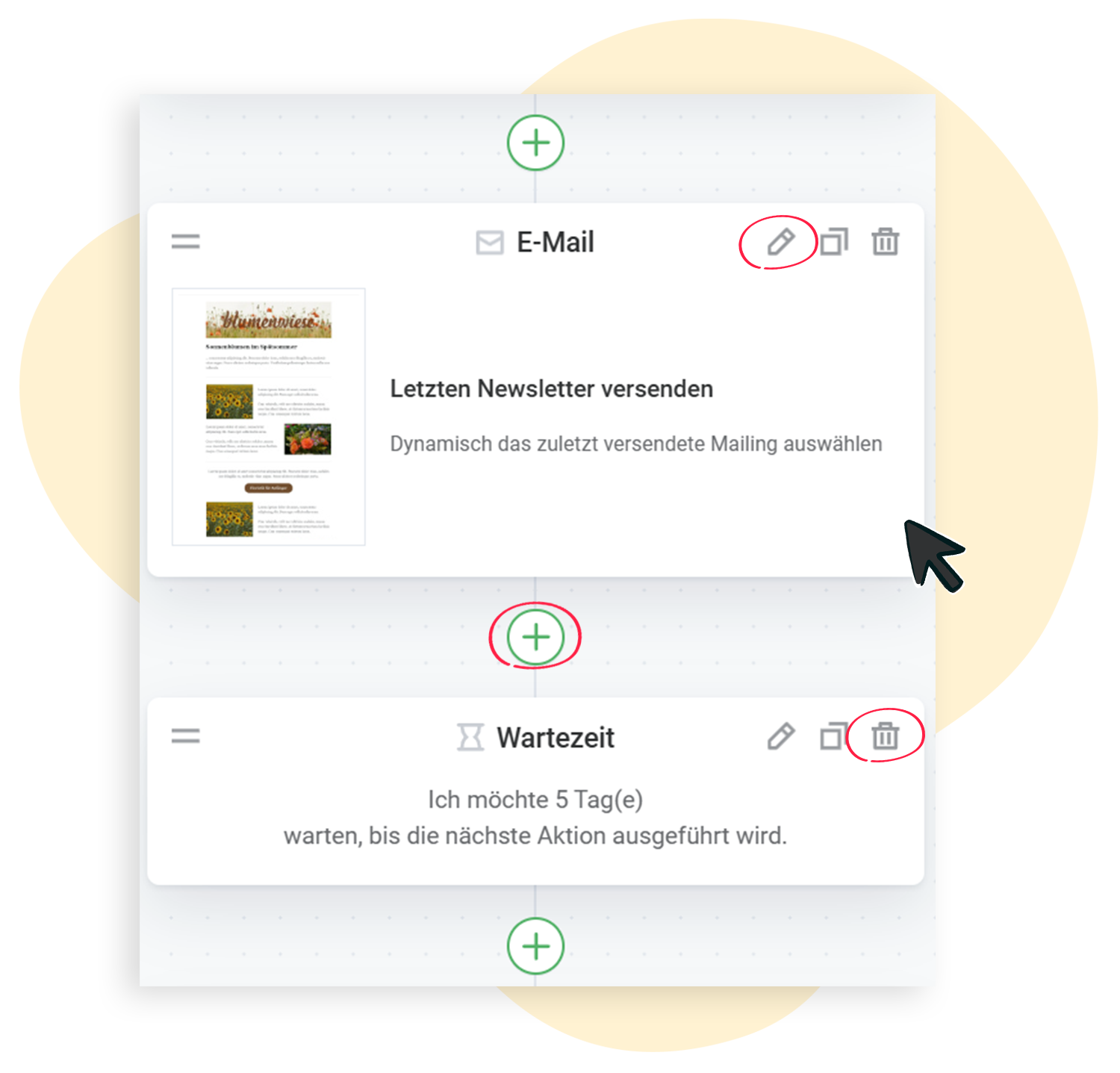 Die Buttons Bearbeiten, HinzufÃ¼gen, LÃ¶schen im Automations-Workflow