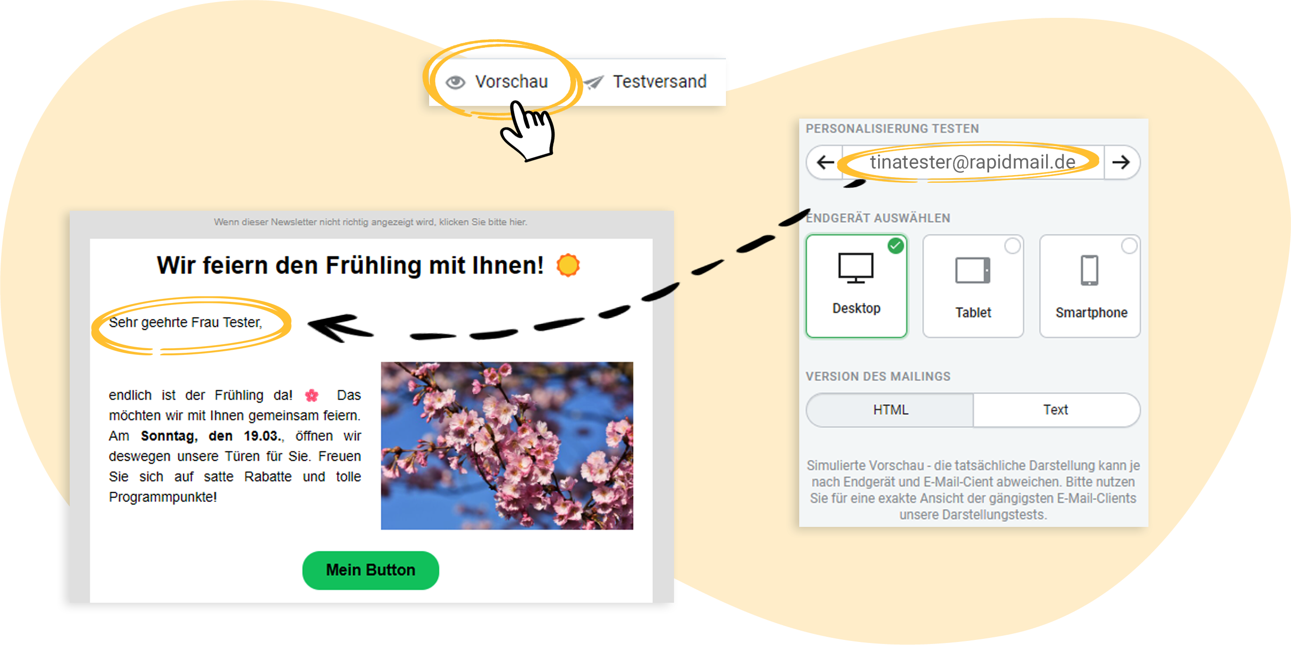 Beispiel, in dem die persÃ¶nliche Anrede in der Vorschaufunktion im Newsletter gezeigt wird
