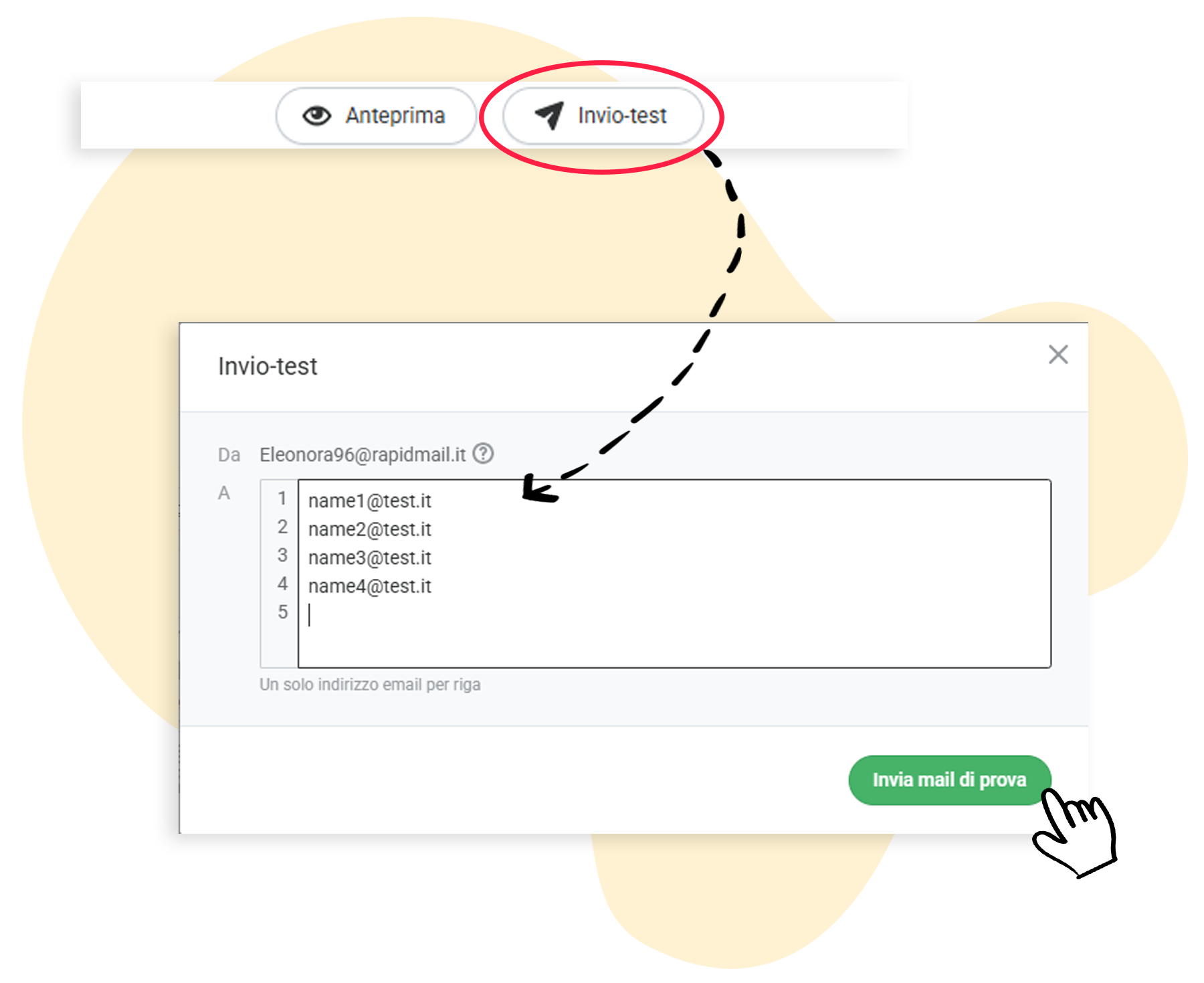 L'immagine mostra la funzione di mailing di prova nell'editor e il campo pop-up in cui inserire gli indirizzi dei destinatari