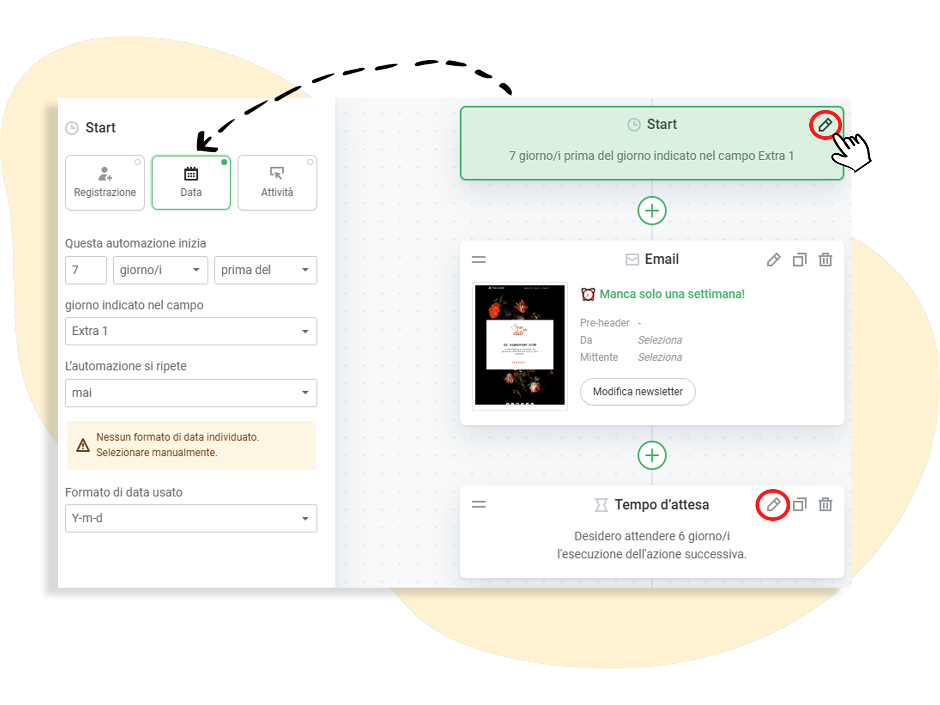 Personalizzazione dell'automazione impostando data di inizio e durata
