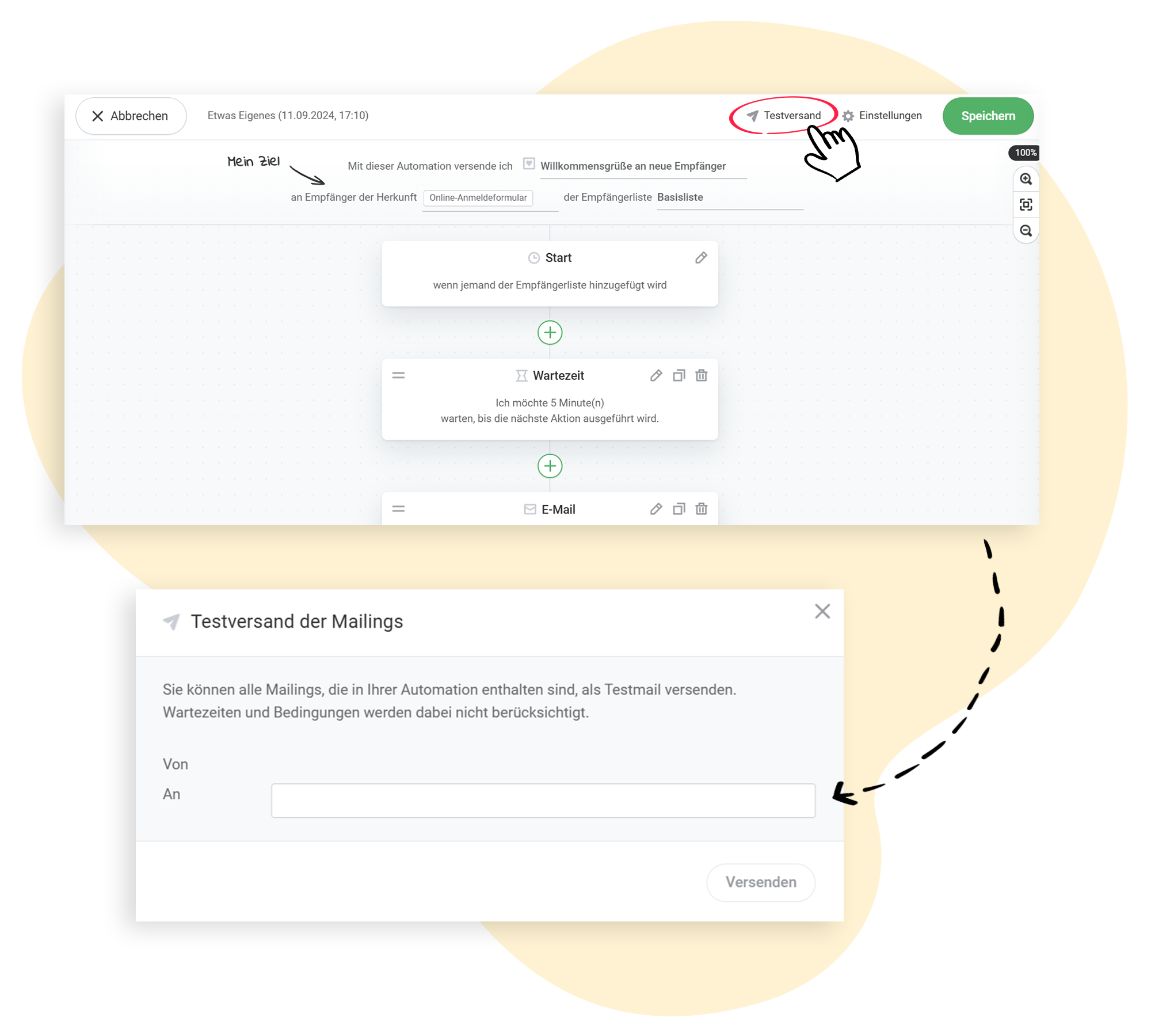Testversand auswÃ¤hlen und E-Mail-Adresse eingeben