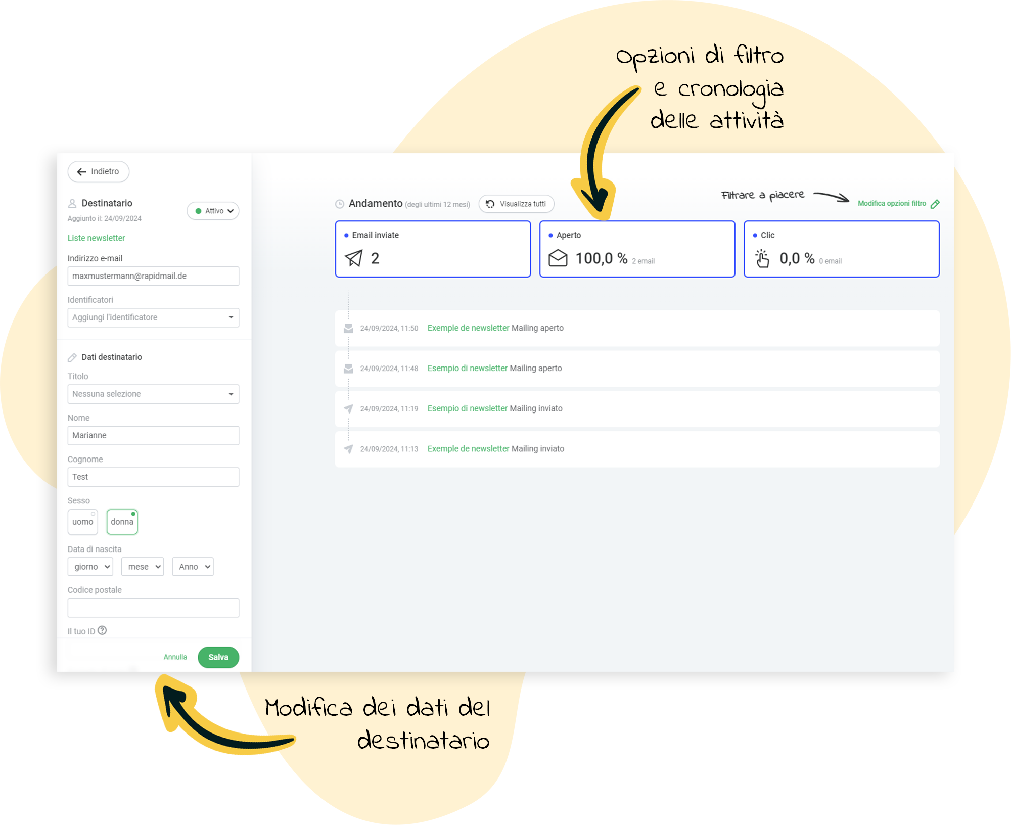Modifica dei dati del destinatario e opzioni di filtro