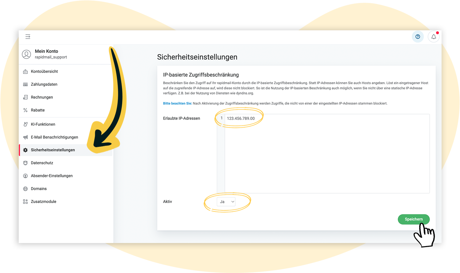 Sicherheitseinstellungen: Zugriff auf rapidmail in den Kontoeinstellungen begrenzen