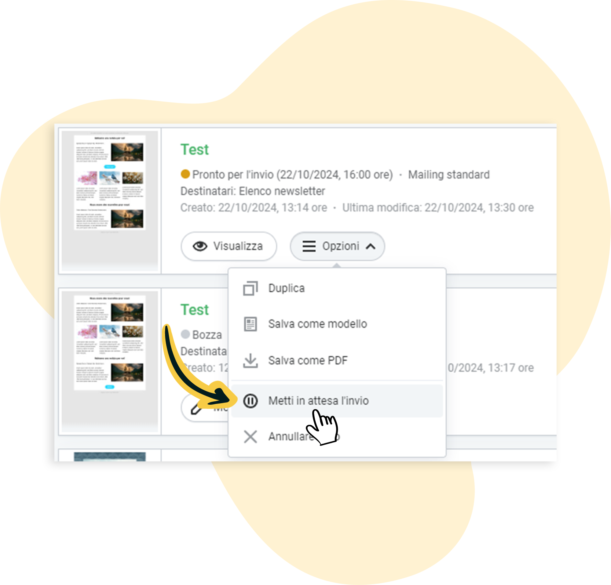 Opzioni della newsletter: Sospendere l'invio
