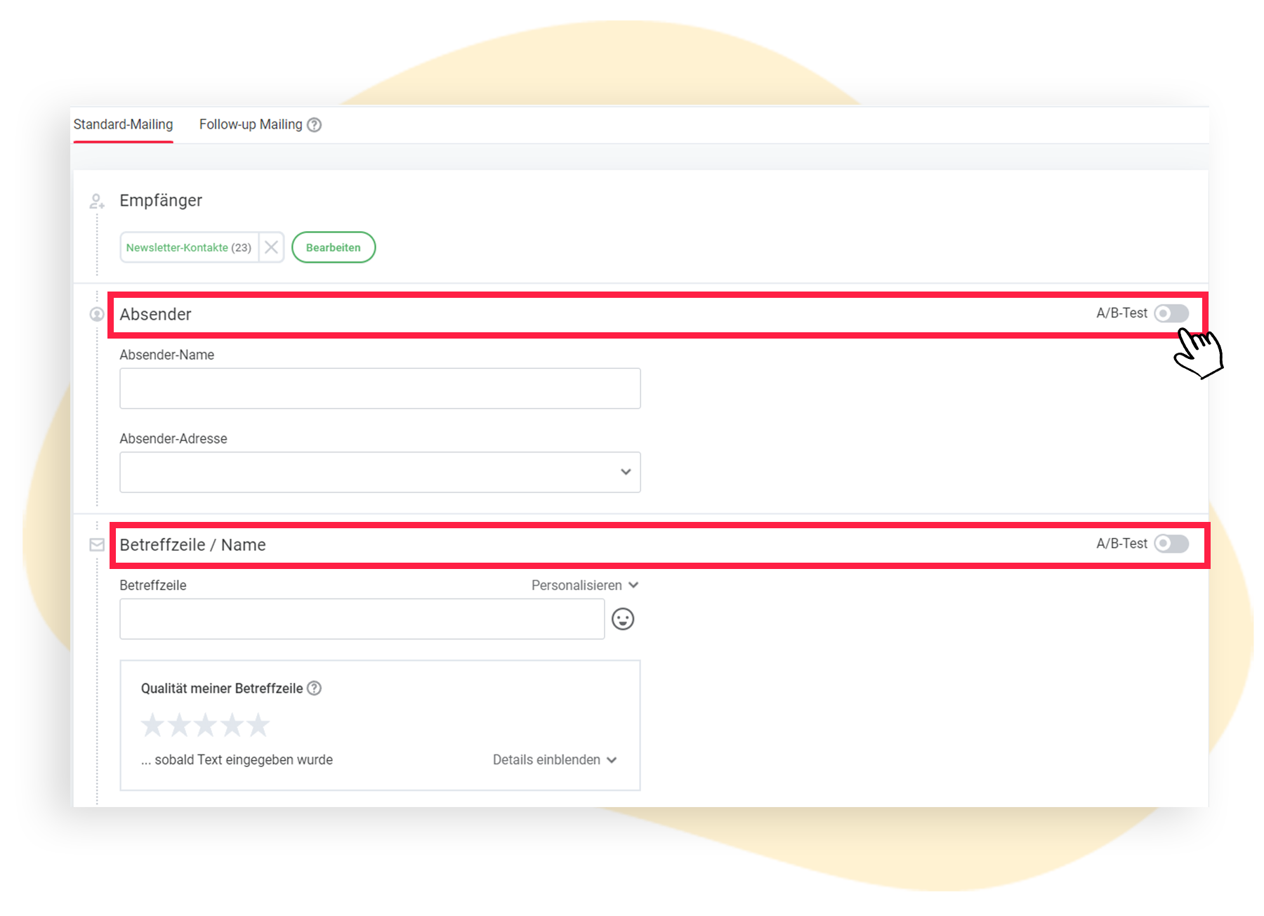 Auswahl von A/B-Test-Mailing: Absender und/ oder Betreffzeile