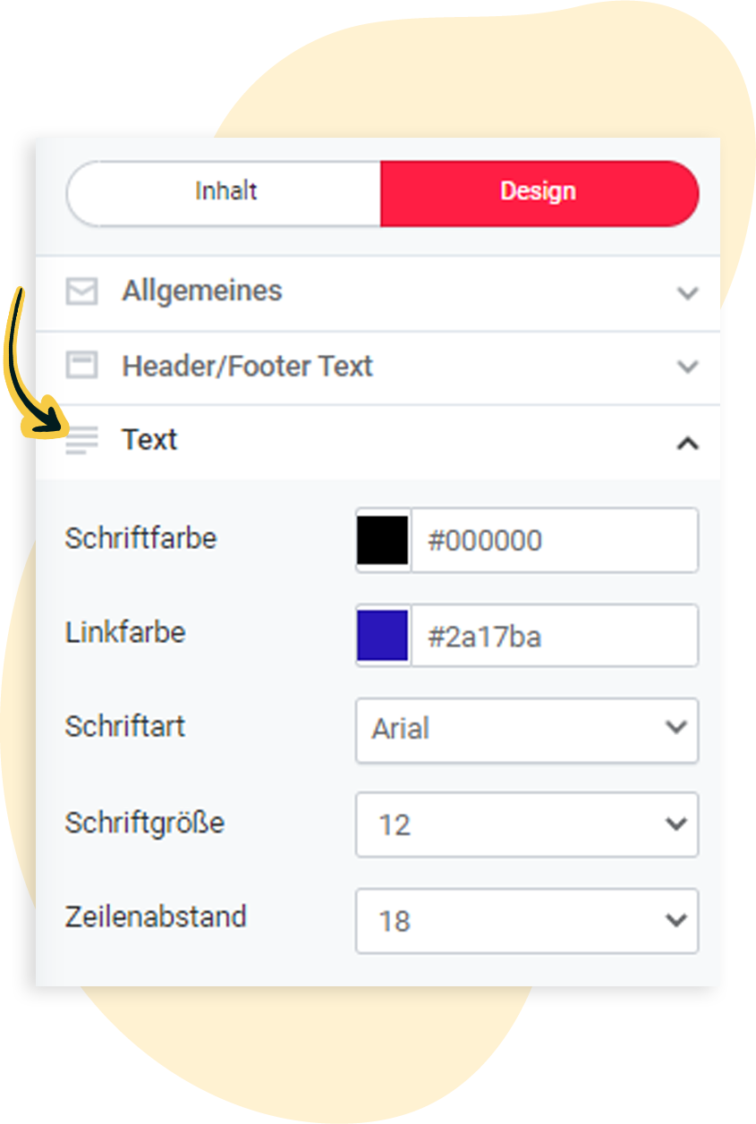 Designeinstellungen fÃ¼r den Text werden angezeigt