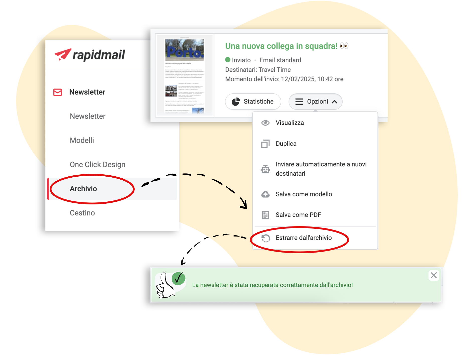 Spostare una newsletter dall'archivio alla panoramica delle newsletter