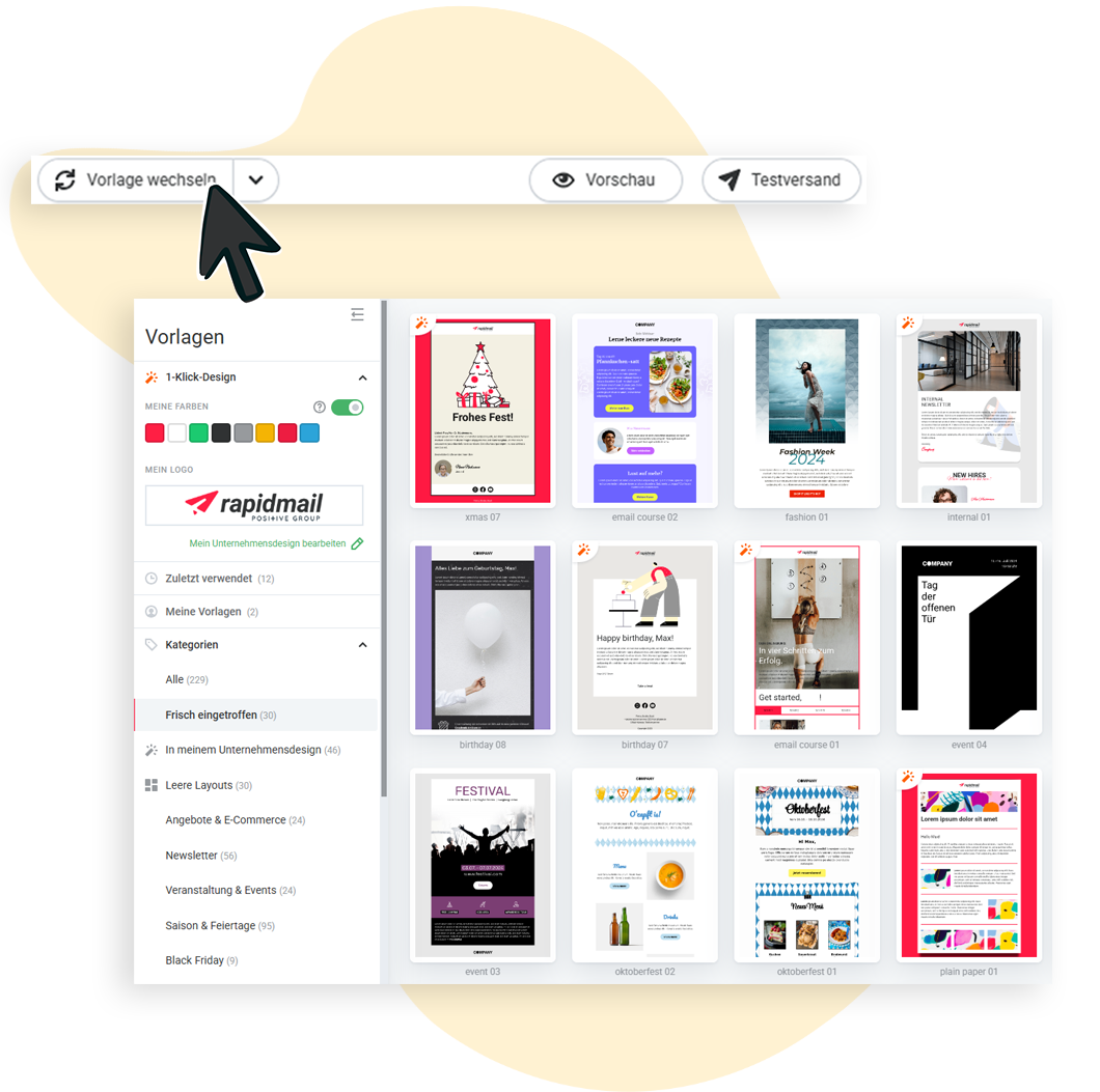 Eine andere Vorlage im Mailing-Editor auswählen und die aktuelle überschreiben