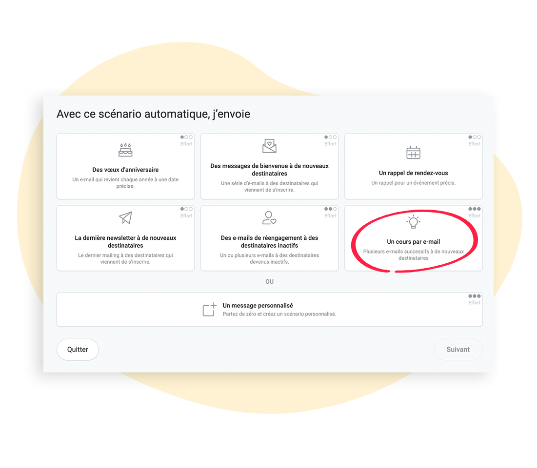 Page de sélection des cas d'utilisation : un cours par e-mail
