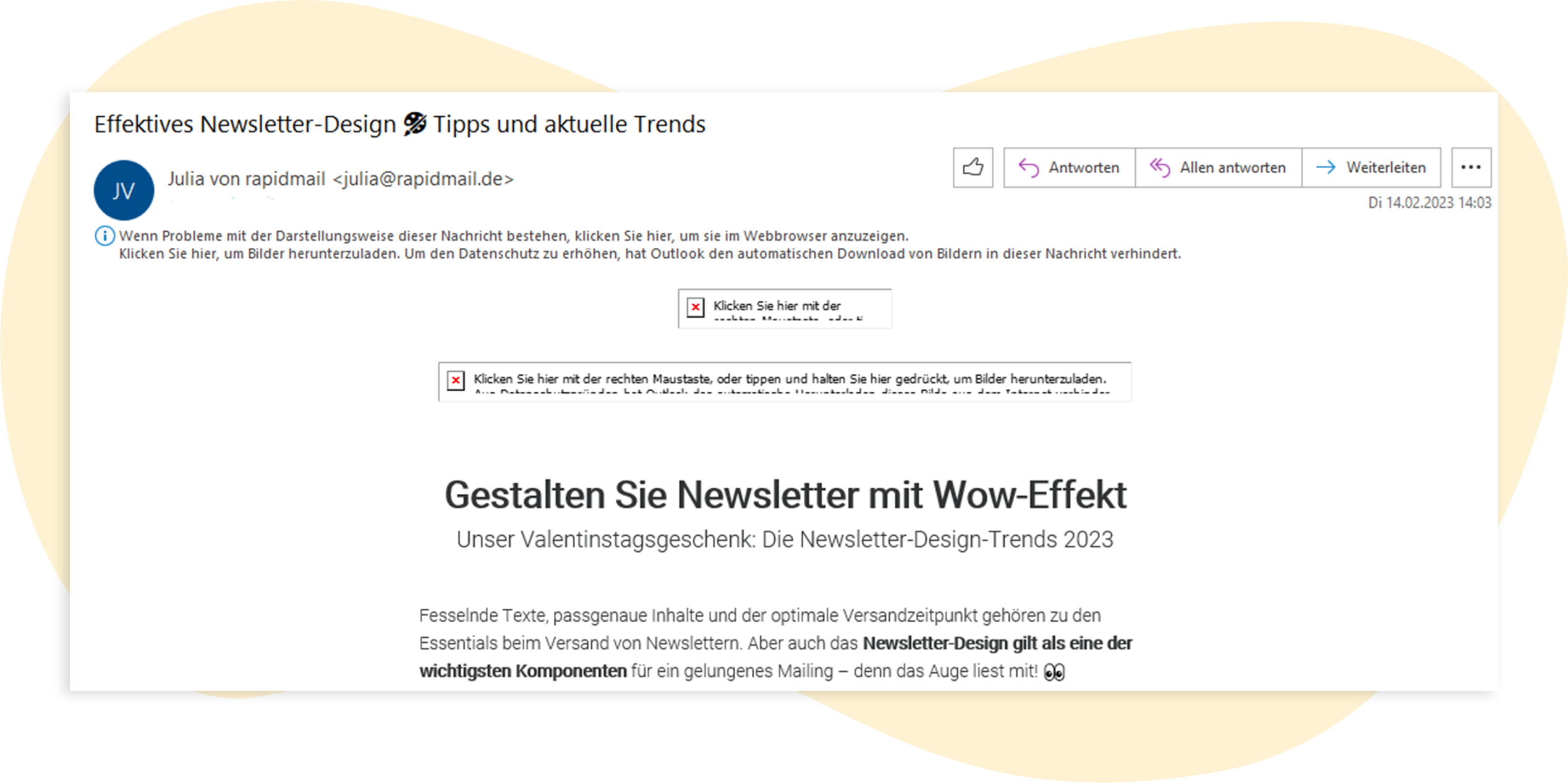 Auszug aus einem rapidmail-Newsletter: Dort, wo eigentlich das Logo und eine Grafik angezeigt werden, sind stattdessen Textfelder platziert, die durch Klick die Bilder im Newsletter nachladen