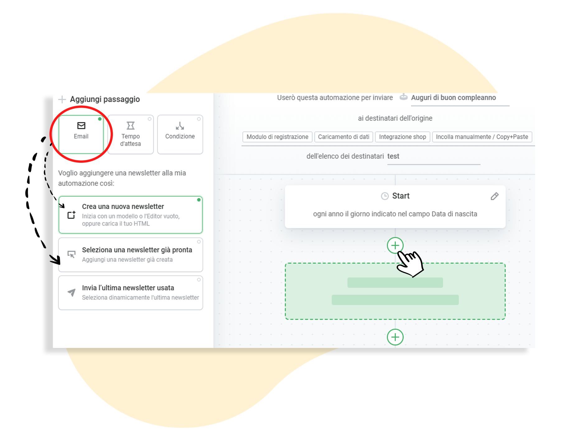 Aggiunta di uno step nel percorso di automazione e inserimento di un nuovo invio
