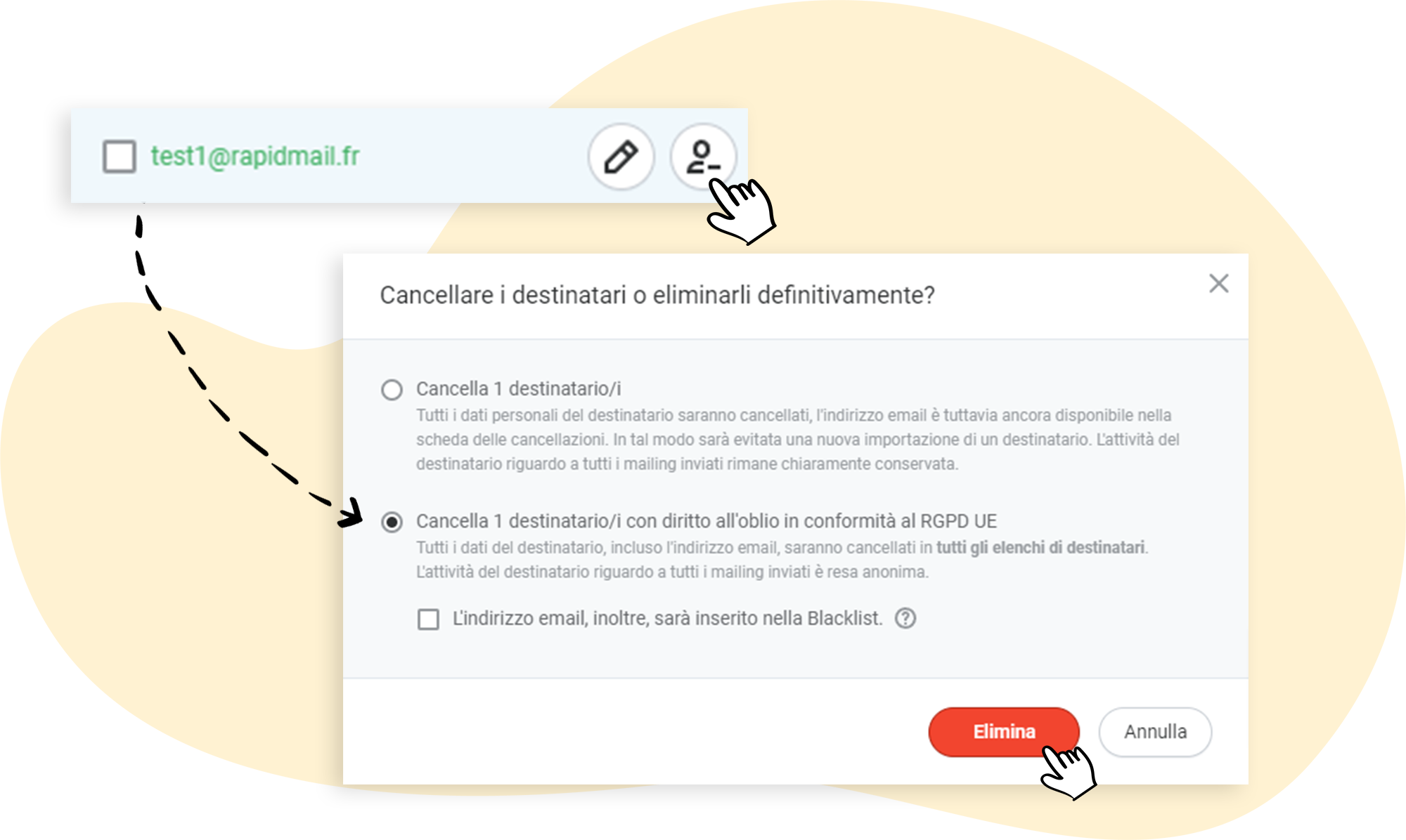 Cancellare i destinatari o eliminarli definitivamente