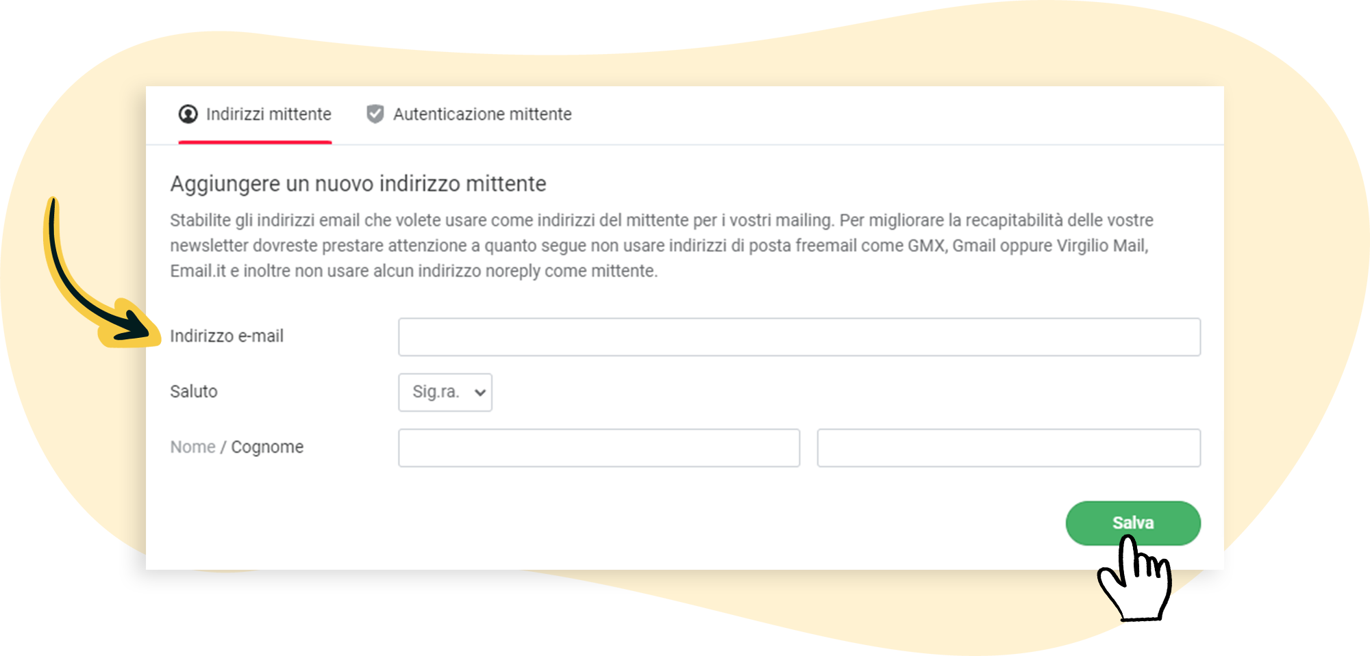 creare le impostazioni del mittente