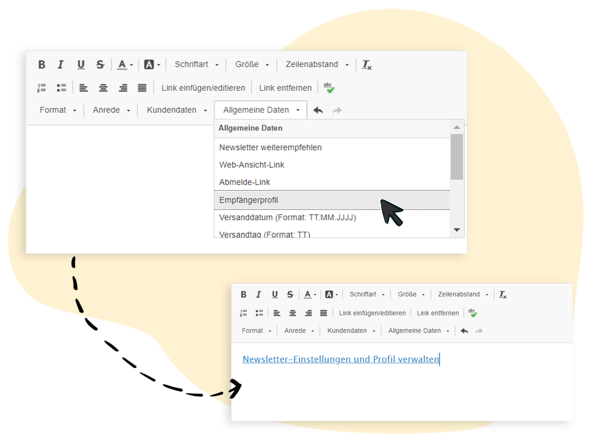 Im Mailing wird der Link für das Empfängerprofil eingefügt