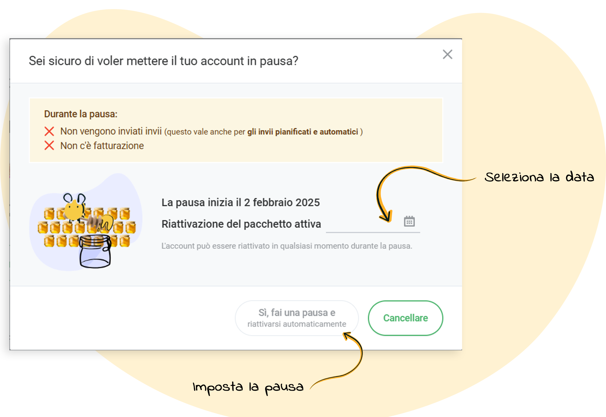 Imposta la data per la riattivazione del pacchetto
