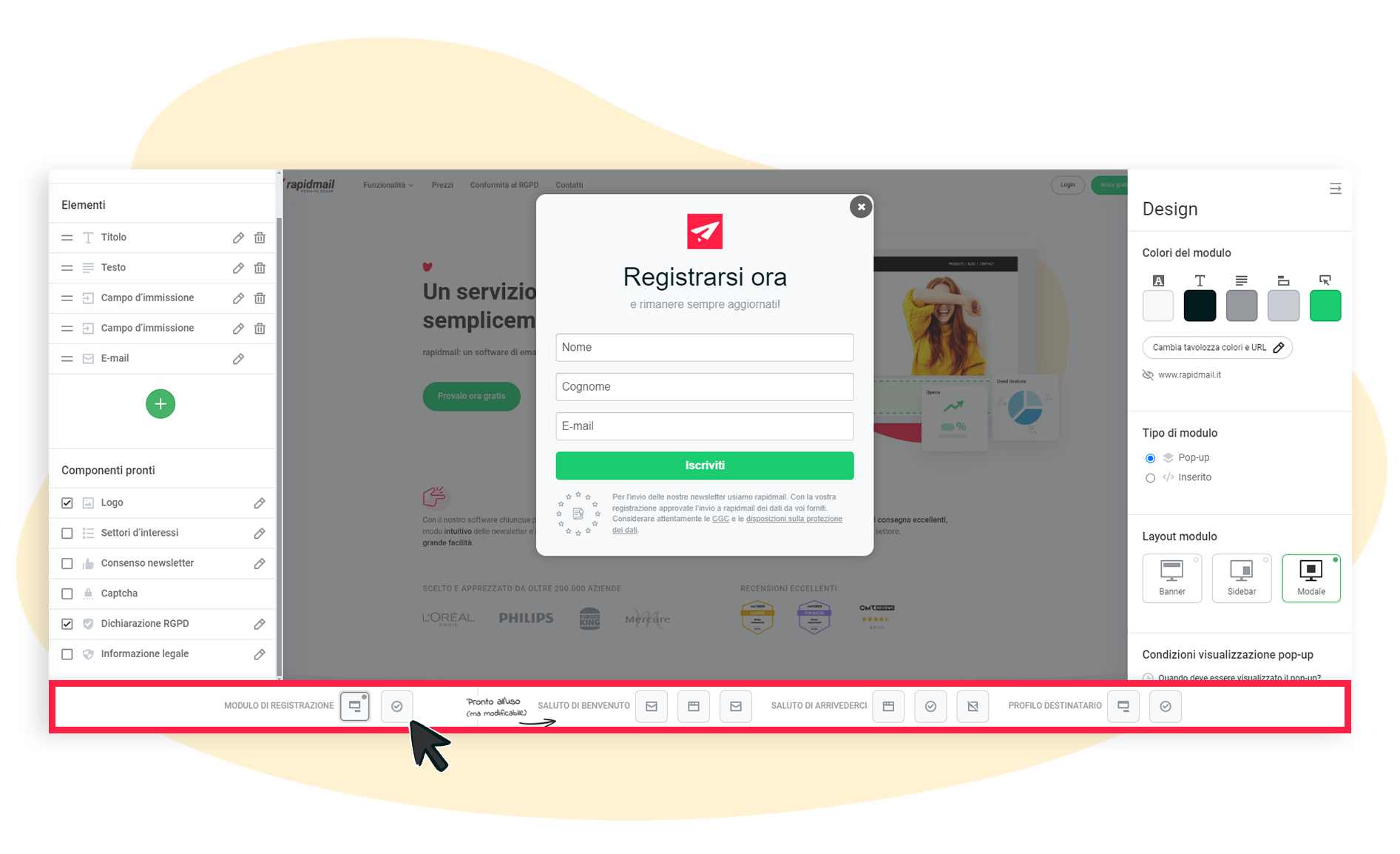 È mostrata la barra degli strumenti di accesso rapido nell'editor di moduli