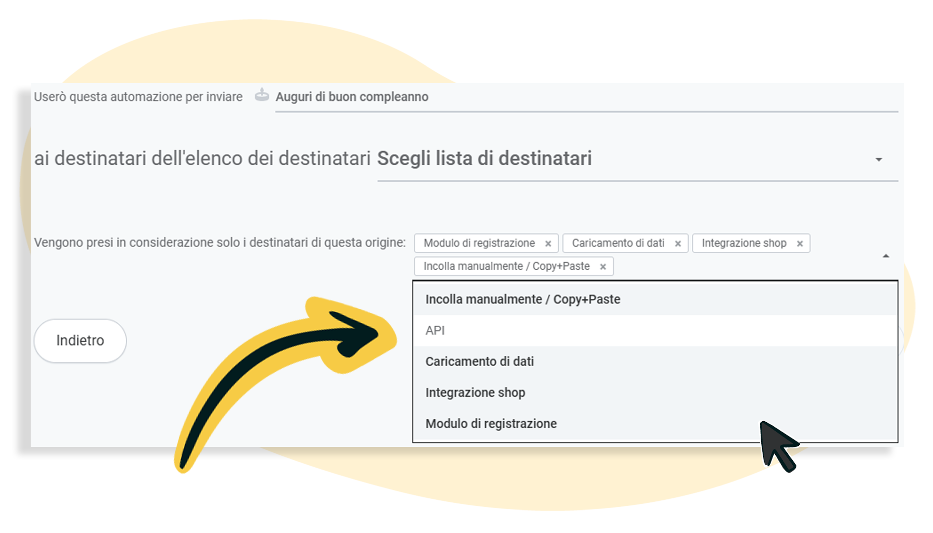 Selezionare l'origine dei destinatari per l'automazione
