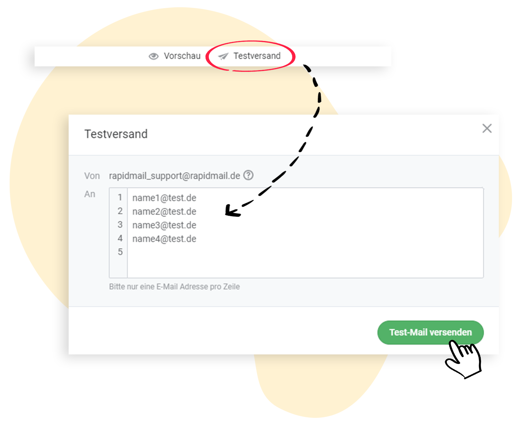 Die Grafik zeigt die Testversand-Funktion im Editor und das Pop-Up-Feld, in dem man die EmpfÃ¤ngeradressen eingibt