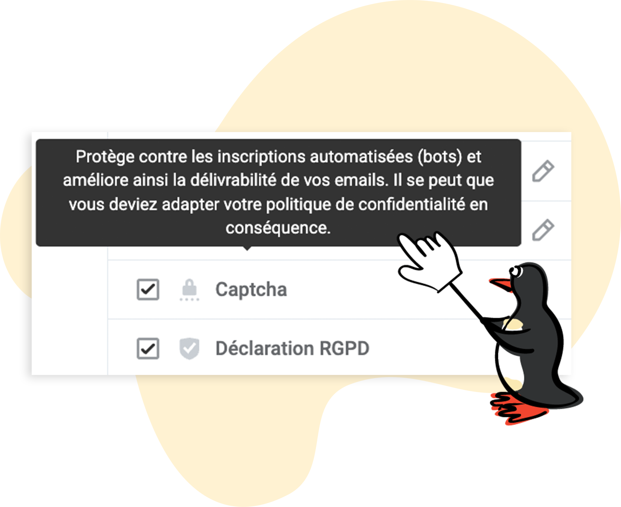 Remarque dans l'outil : Extension de la déclaration de confidentialité lors de l'utilisation du ReCaptcha