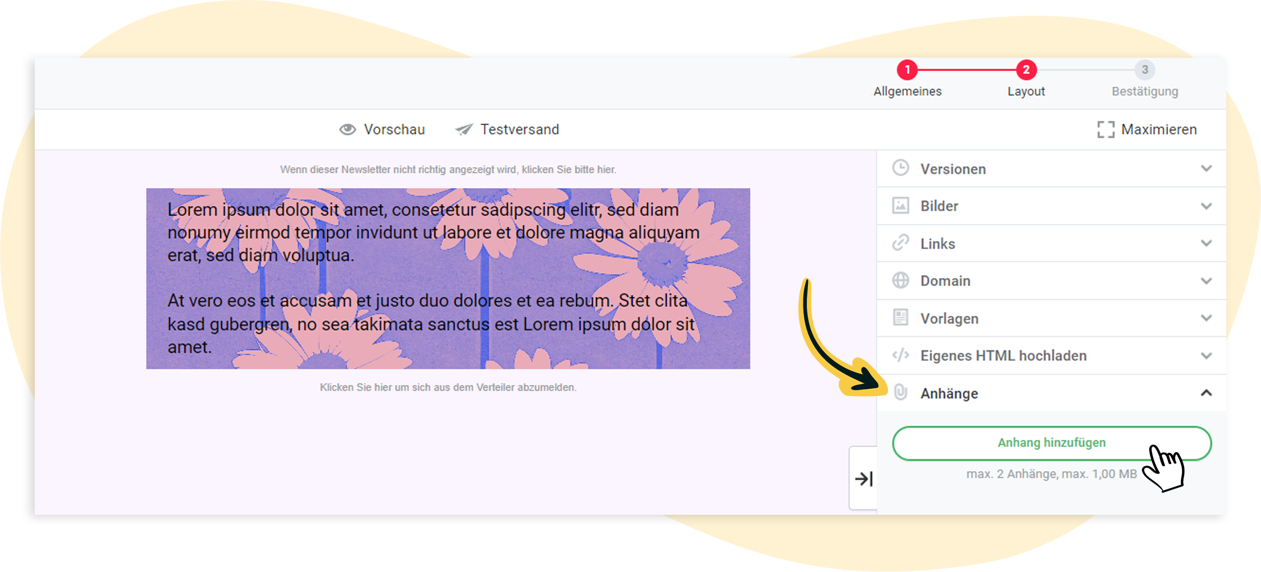 Anhang zum Mailing hinzufügen: Option 1
