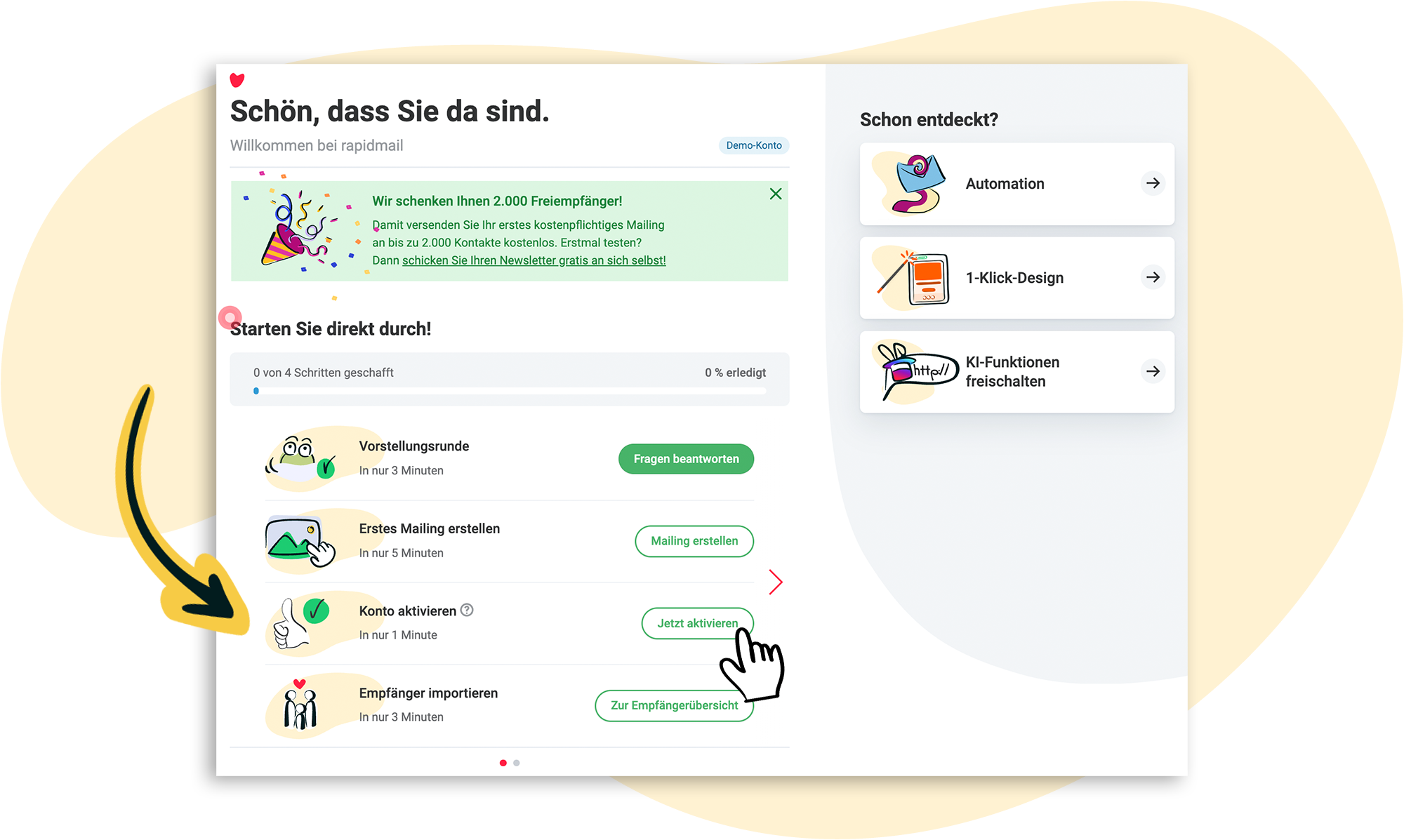 rapidmail Dashboard Konto zum Versand freischalten