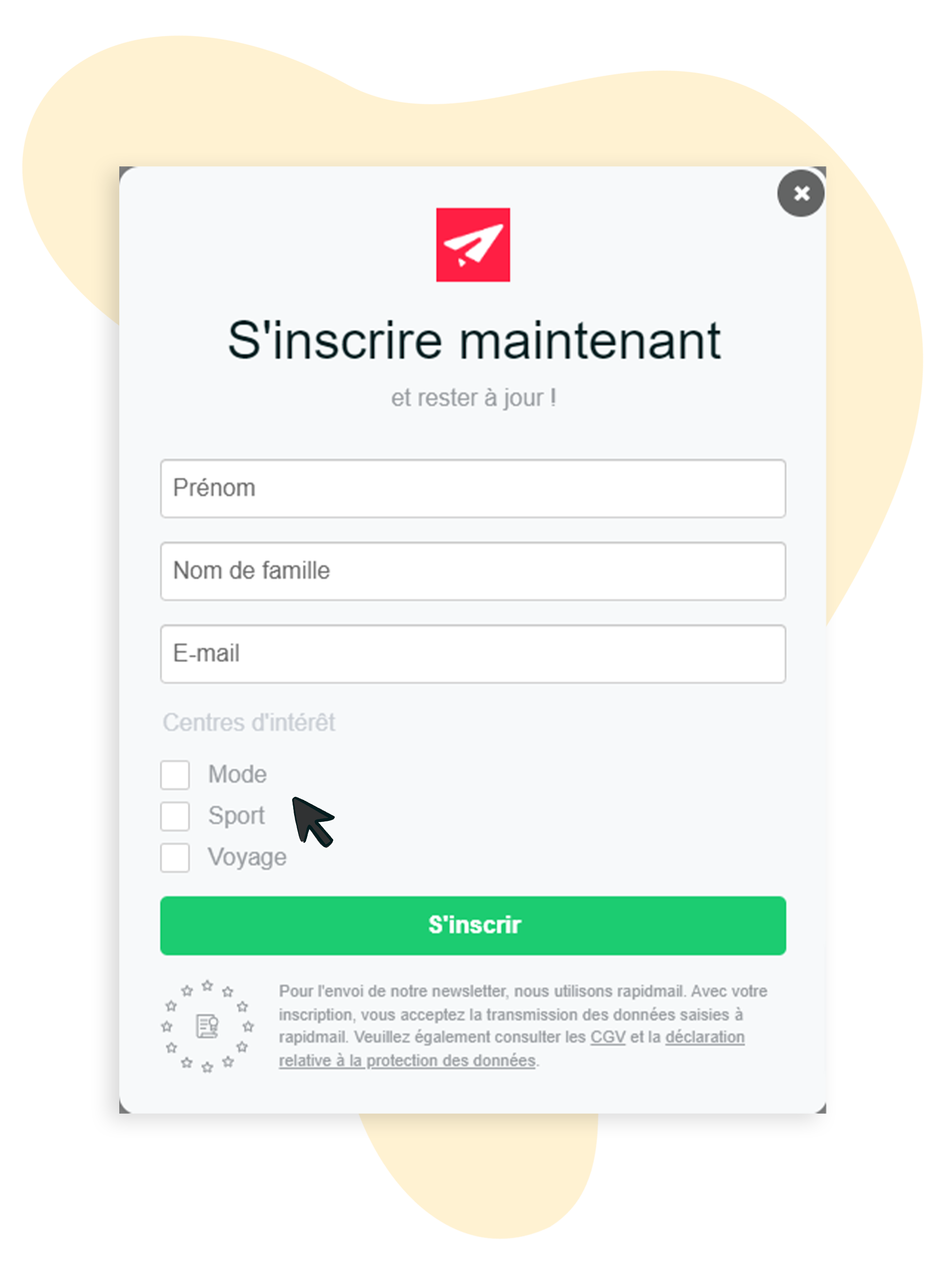  Exemple de formulaire d'inscription avec domaines d'intérêt cliquables