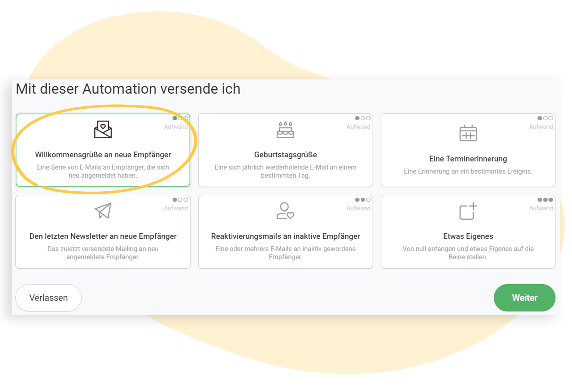 Auswahl des Use Case "WillkommensgrüÃe an neue Empfänger senden"