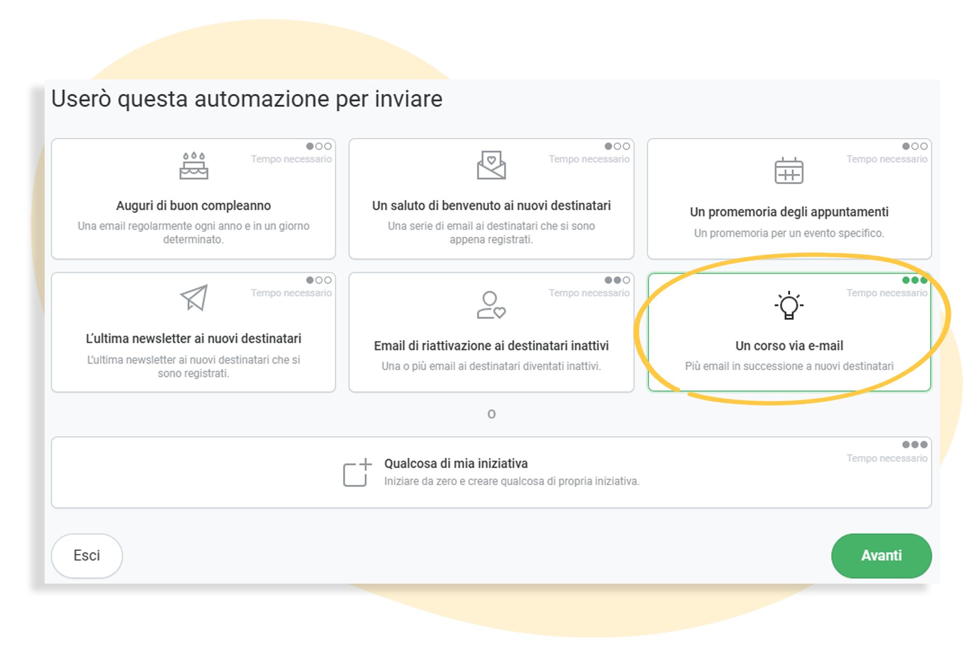 Pagina di selezione dei casi d'uso: inviare un corso via email