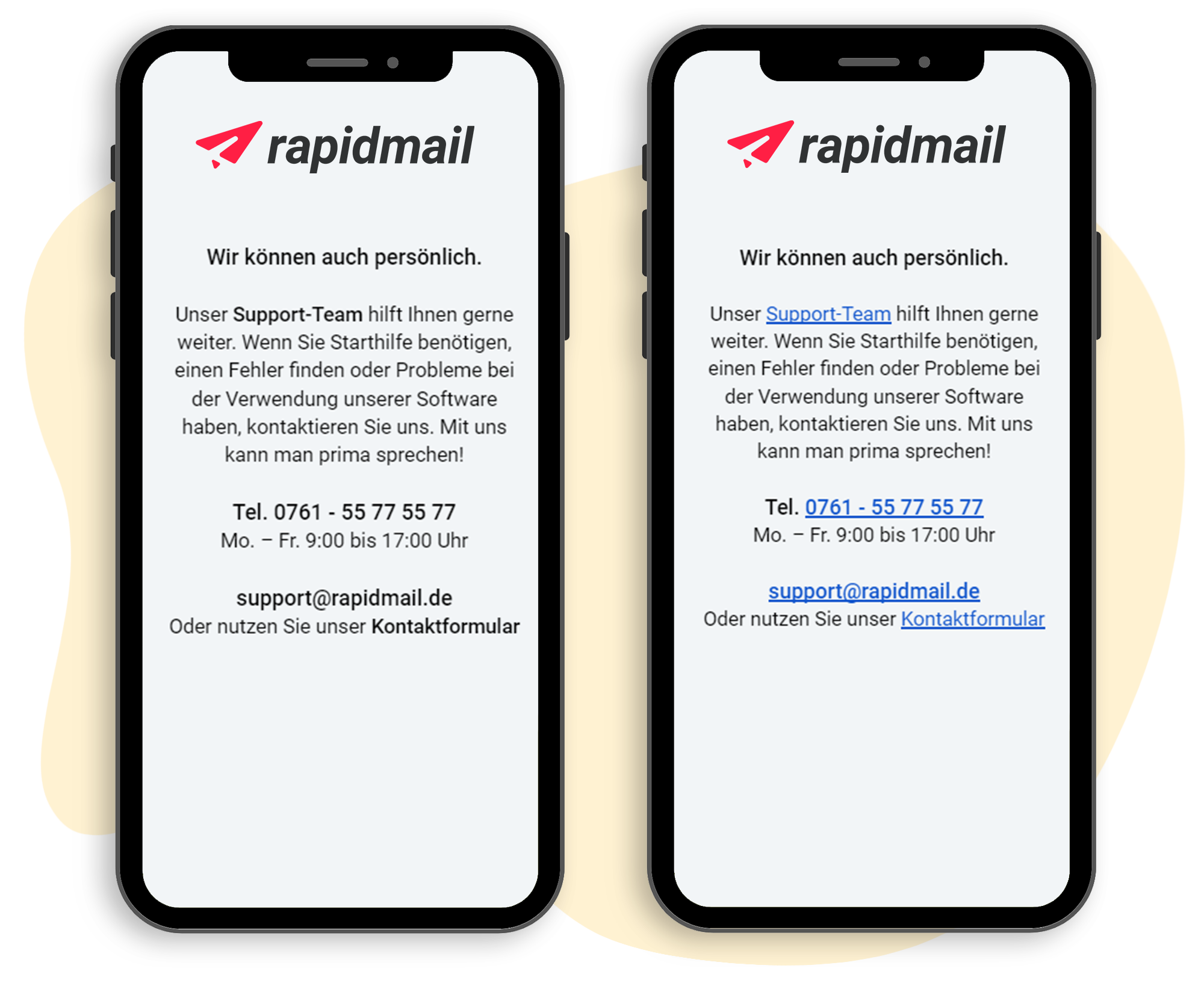 Beispielgrafik: Vergleich zwischen Vorschau und tatsächlicher Darstellung auf einem Apple iPhone