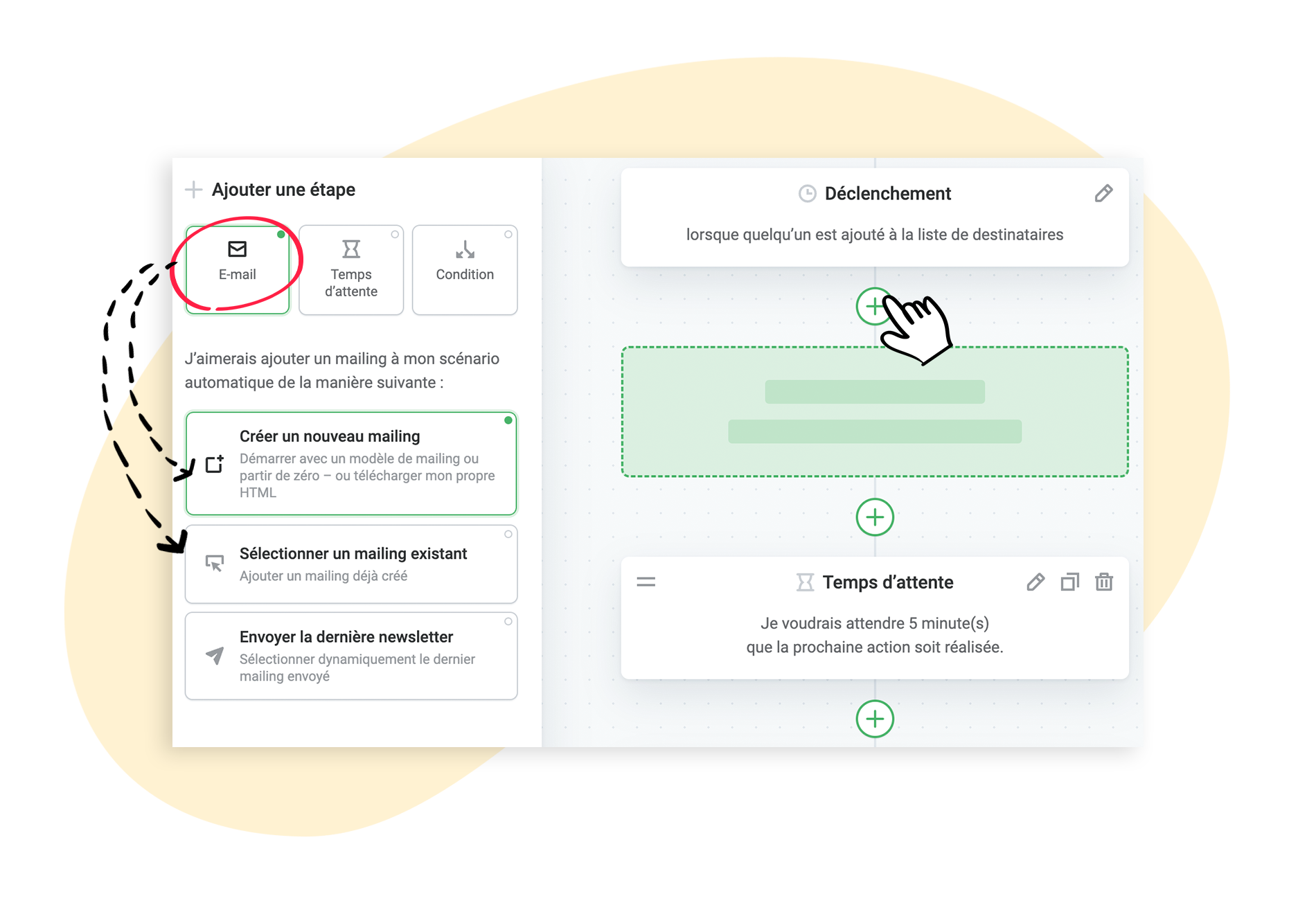 Ajouter une étape dans le parcours d'automatisation et, par exemple, insérer un nouveau mailing