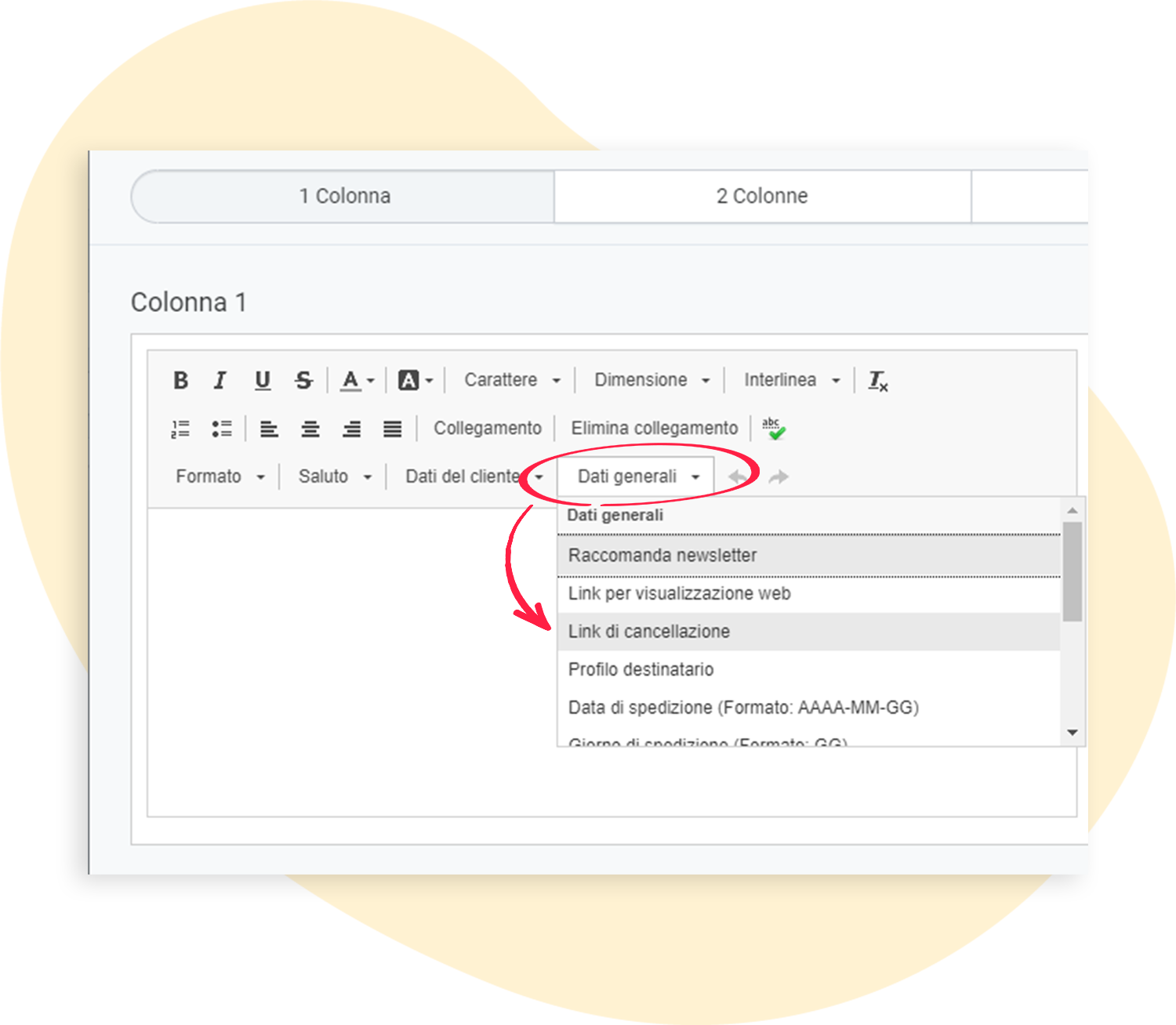 Inserire il link di annullamento dell'iscrizione come elemento di testo nella newsletter