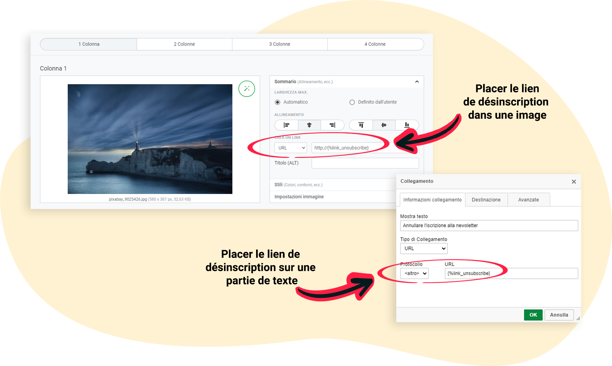 Ajouter un lien de désinscription sur différents éléments