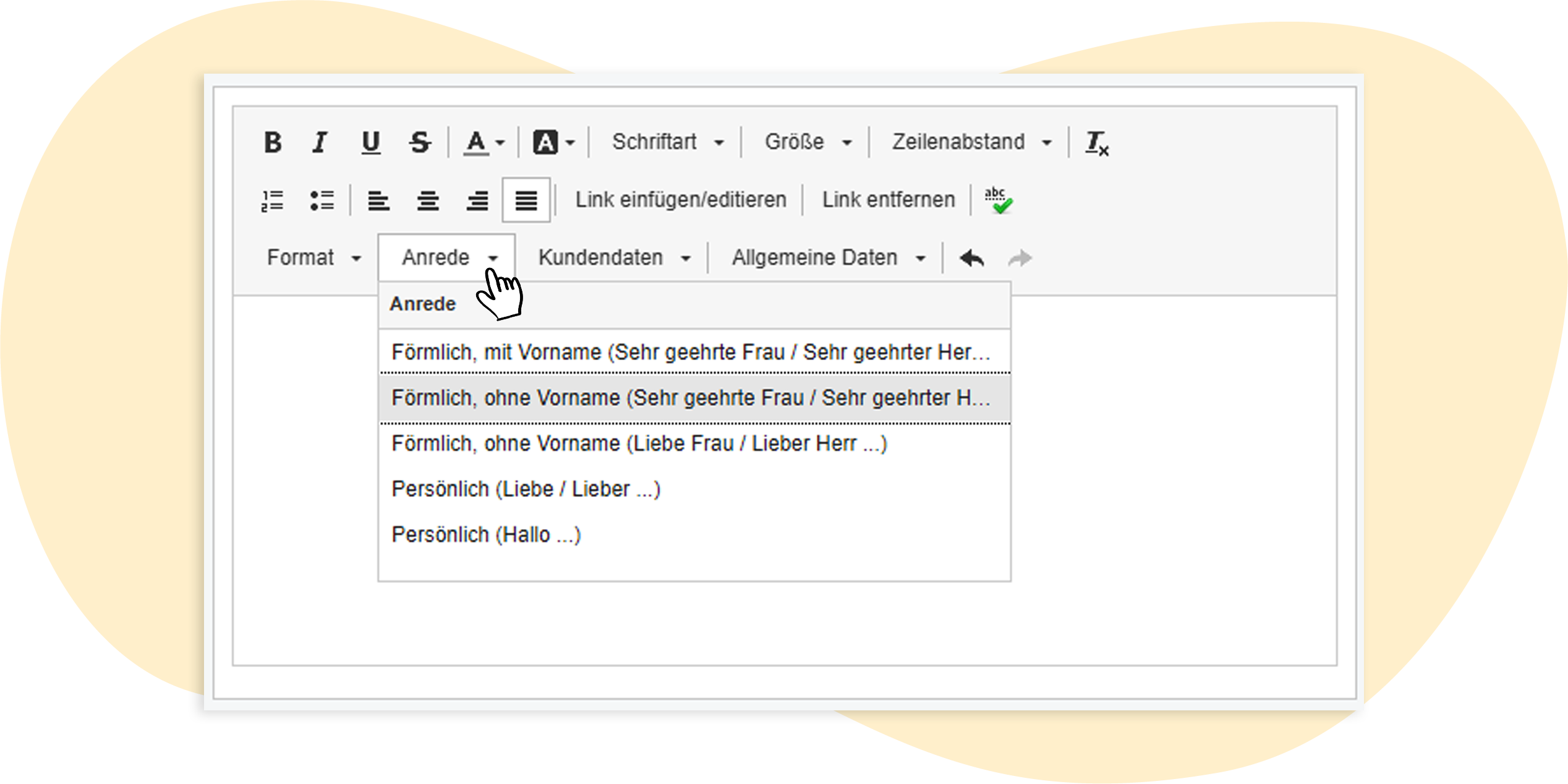 Auswahloptionen fÃ¼r die personalisierte Anrede im rapidmail Mailing-Editor