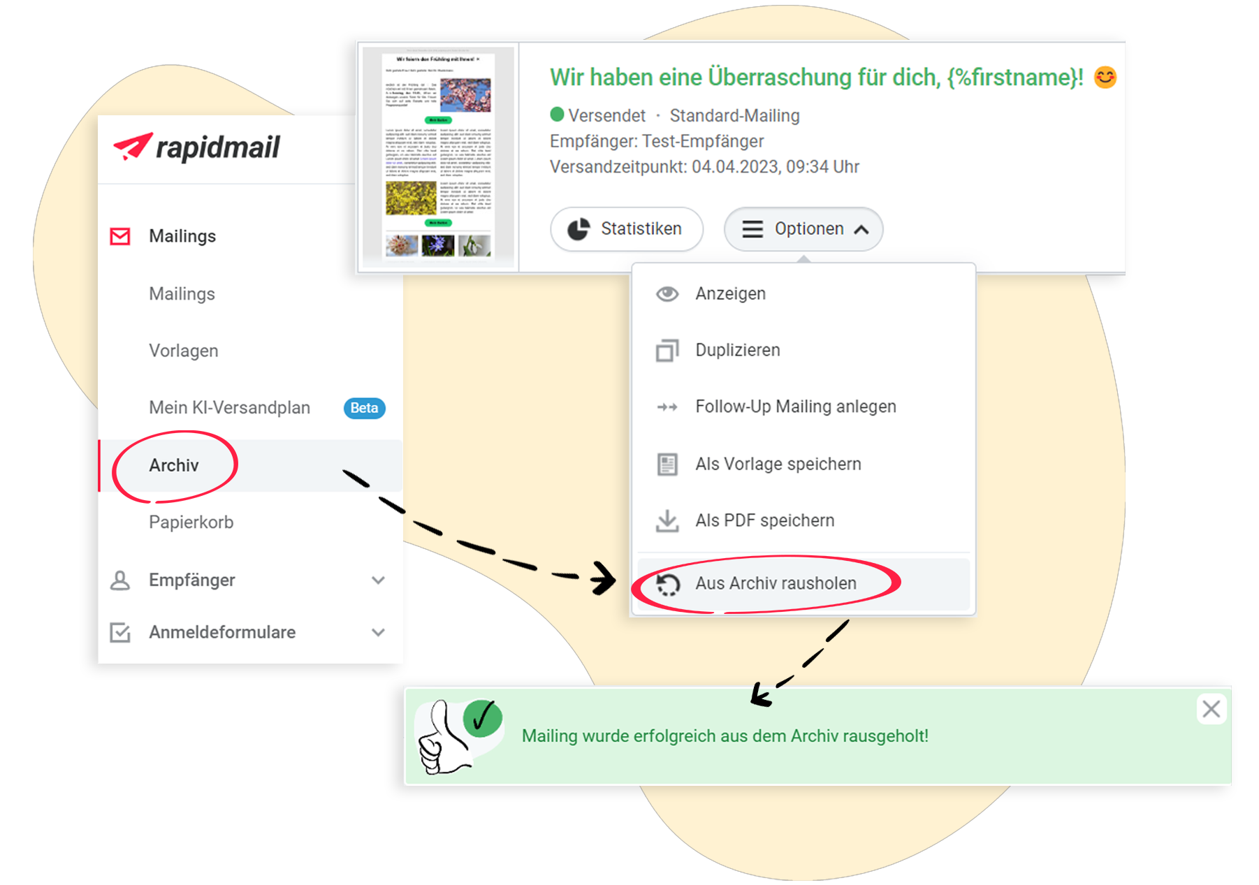 Ein Mailing zurÃ¼ck aus dem Archiv in die MailingÃ¼bersicht verschieben