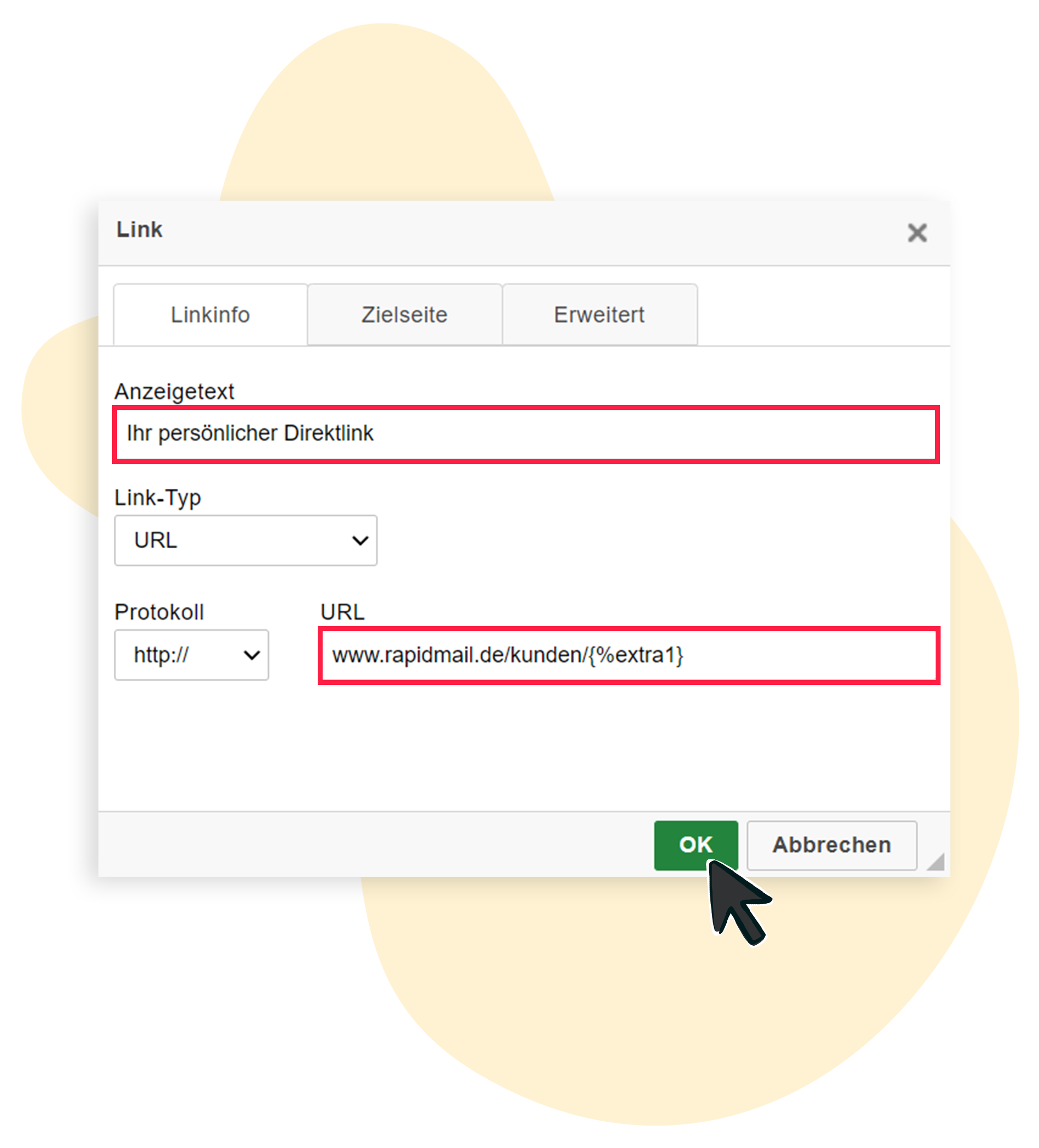 Anzeigetext und URL fÃ¼r den personalisierten Link bearbeiten