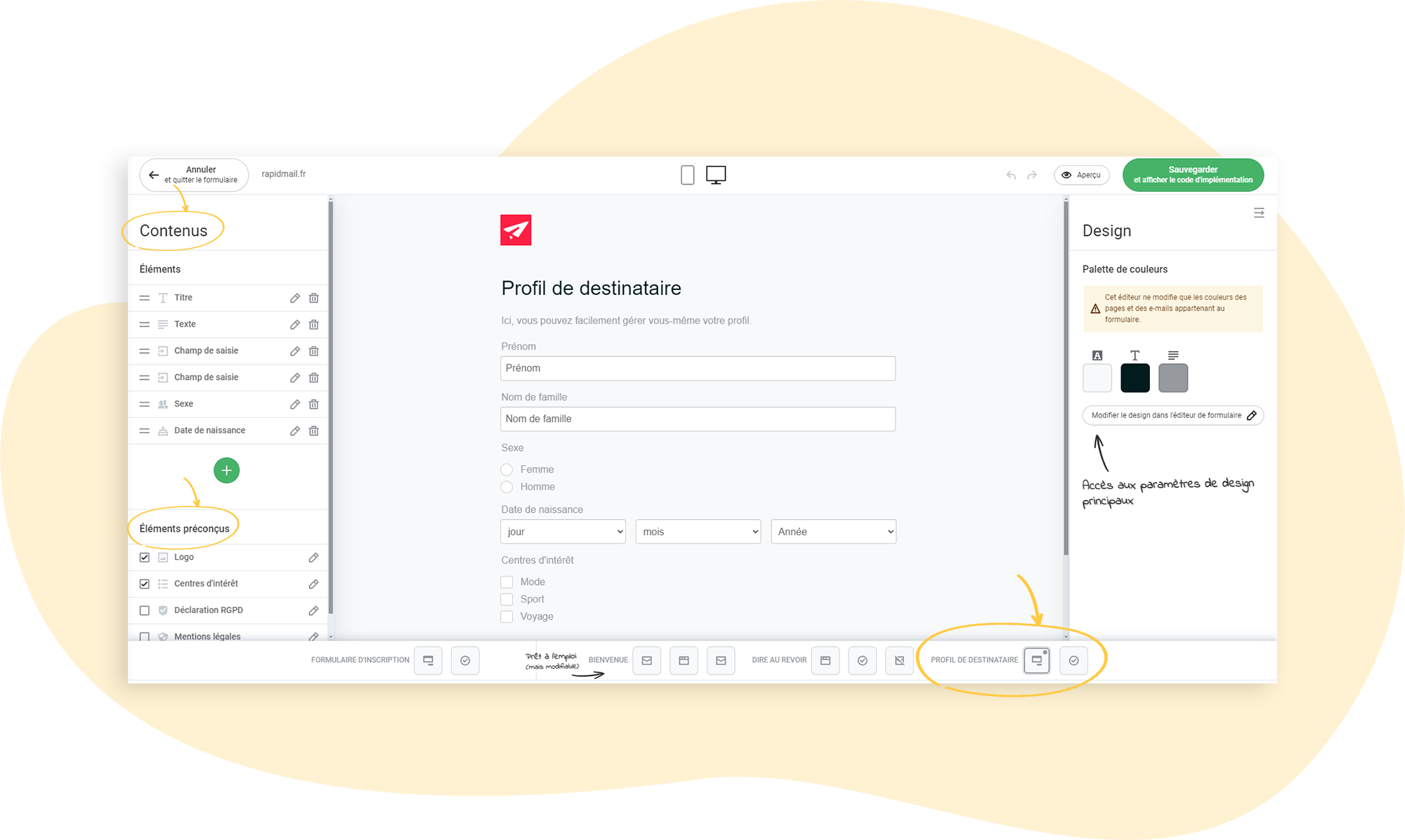 Vue de l'éditeur et de ses options : configuration de la page du profil de destinataire.