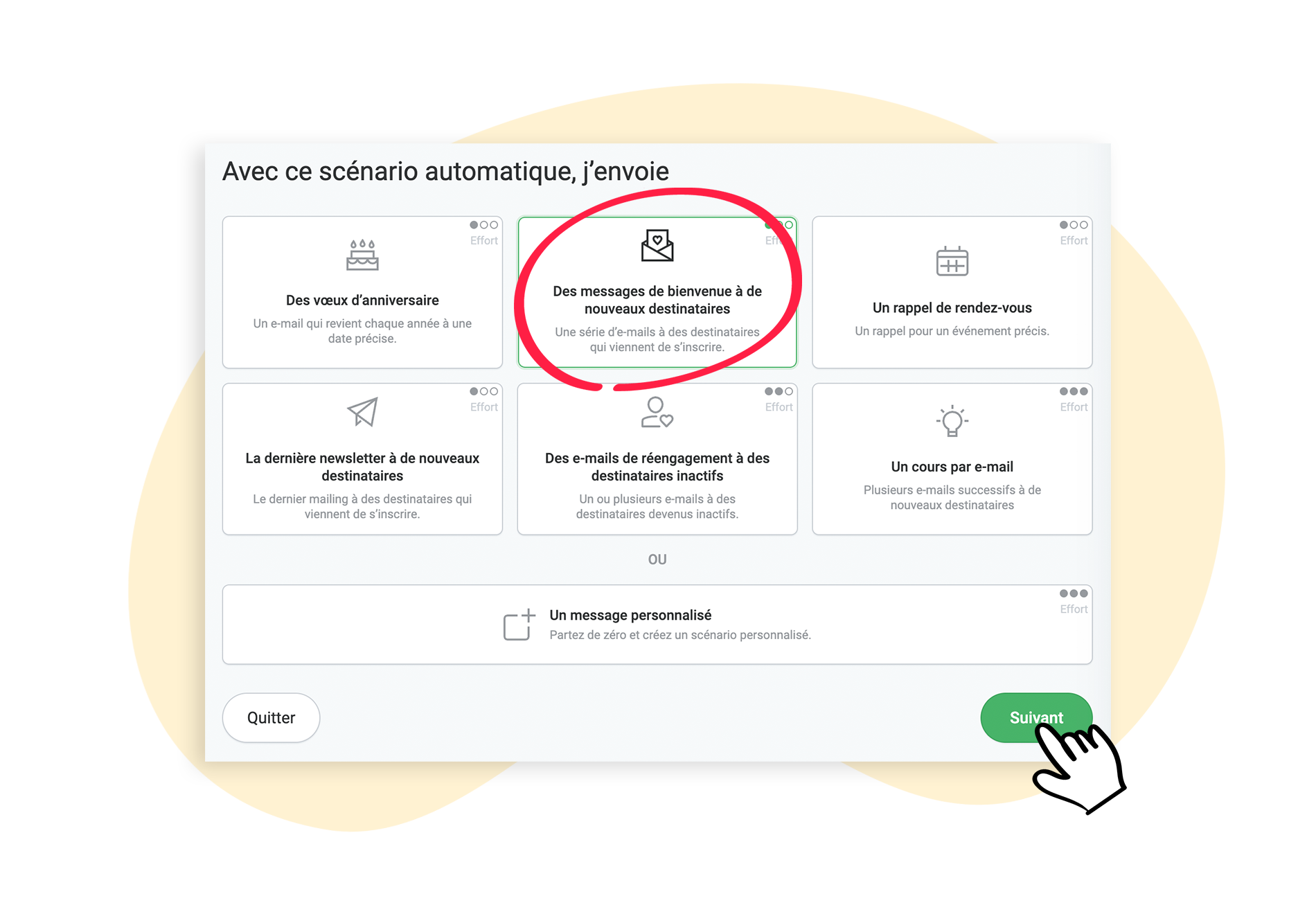 Sélection du cas d'utilisation "Envoyer des messages de bienvenue aux nouveaux destinataires"