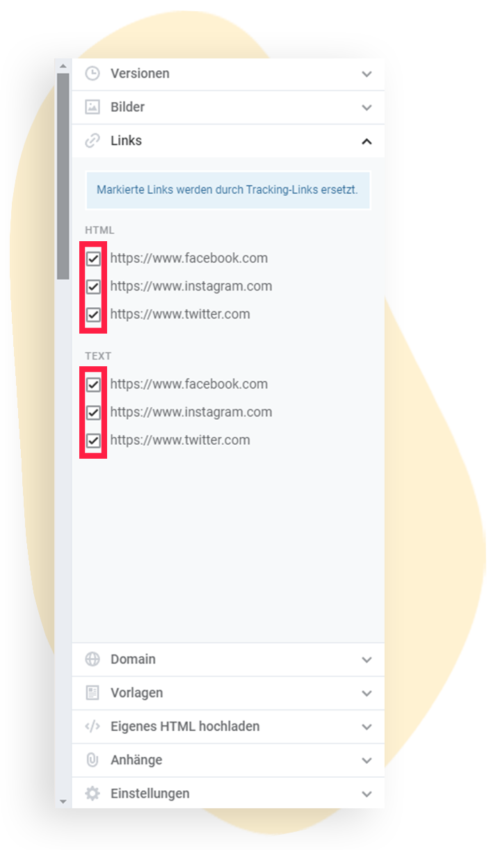 Reiter "Links" im Editor