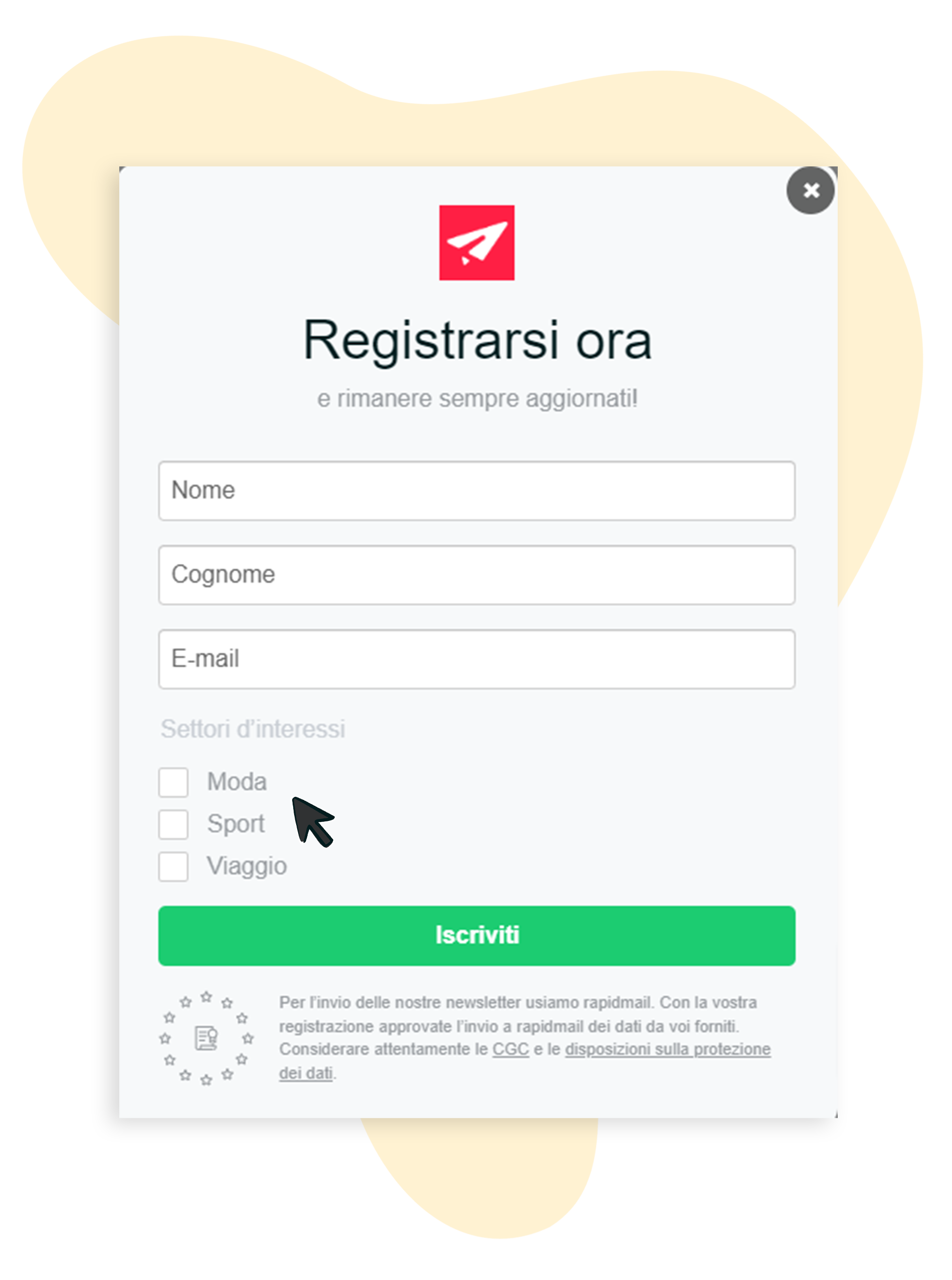 Esempio di modulo di registrazione con aree di interesse cliccabili