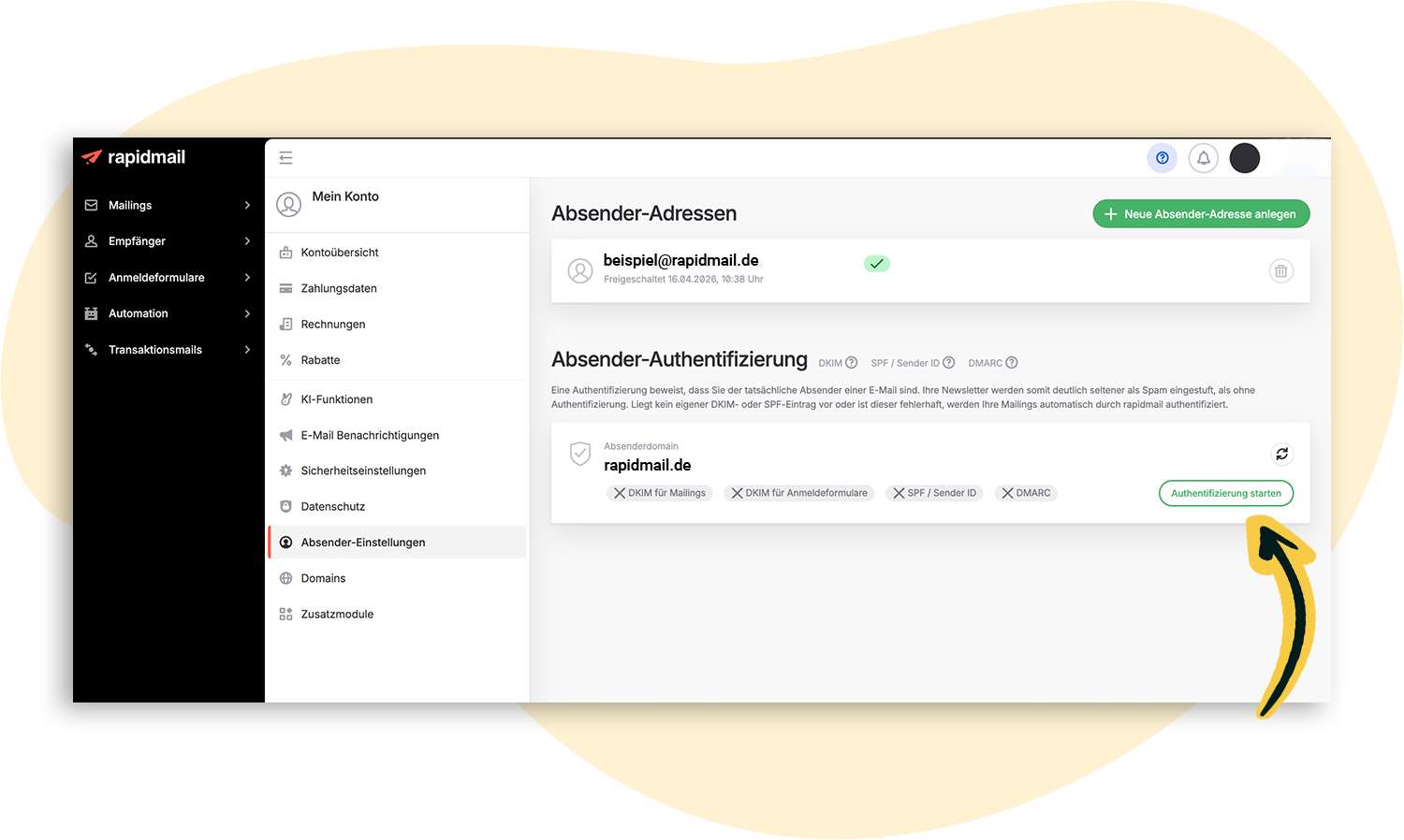 Entri-Authentifizierung in den Absendereinstellungen starten