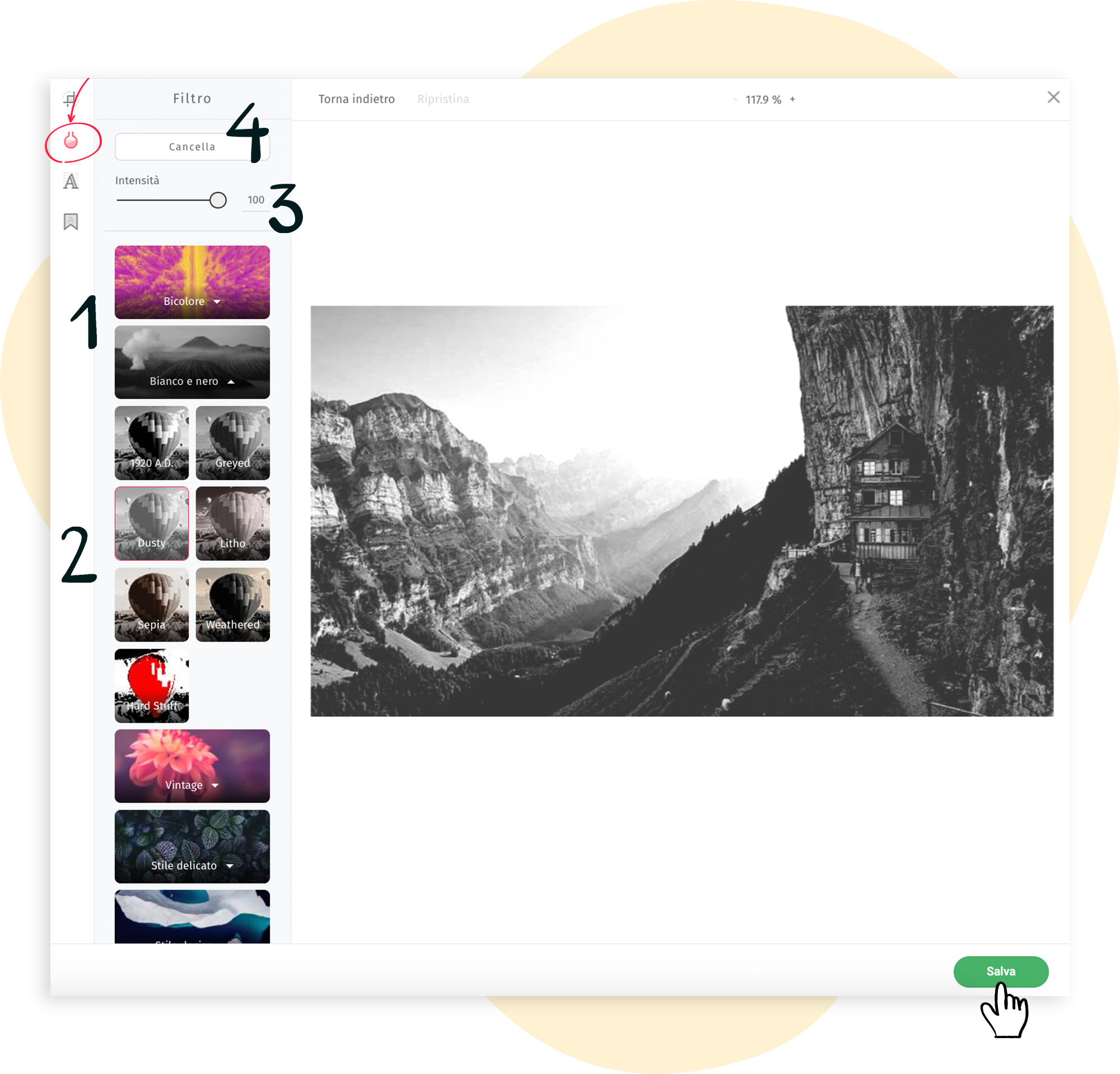 Funzione di filtro nell'editor di immagini di rapidmail