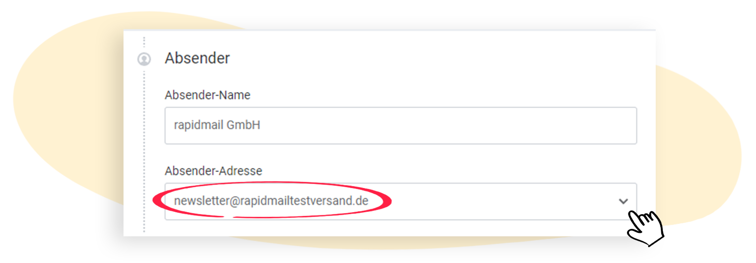 Im Reiter Absender wird die Absender-Adresse fÃ¼r den internen Newsletterversand angepasst, um die Zustellung zu sichern