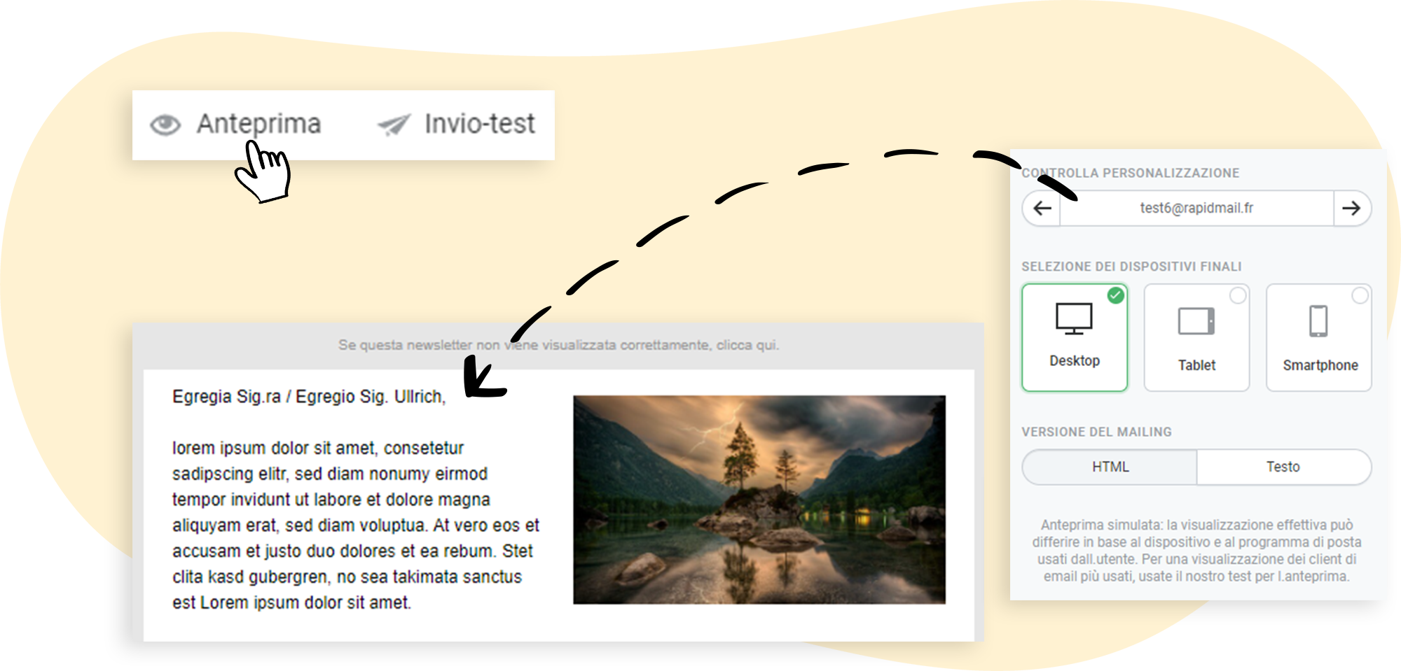 Esempio in cui il saluto personale viene mostrato nella funzione di anteprima della newsletter