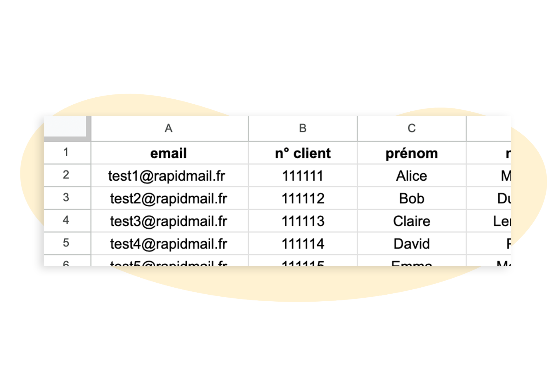 Exemple d'une liste de destinataires en tant que fichier Excel