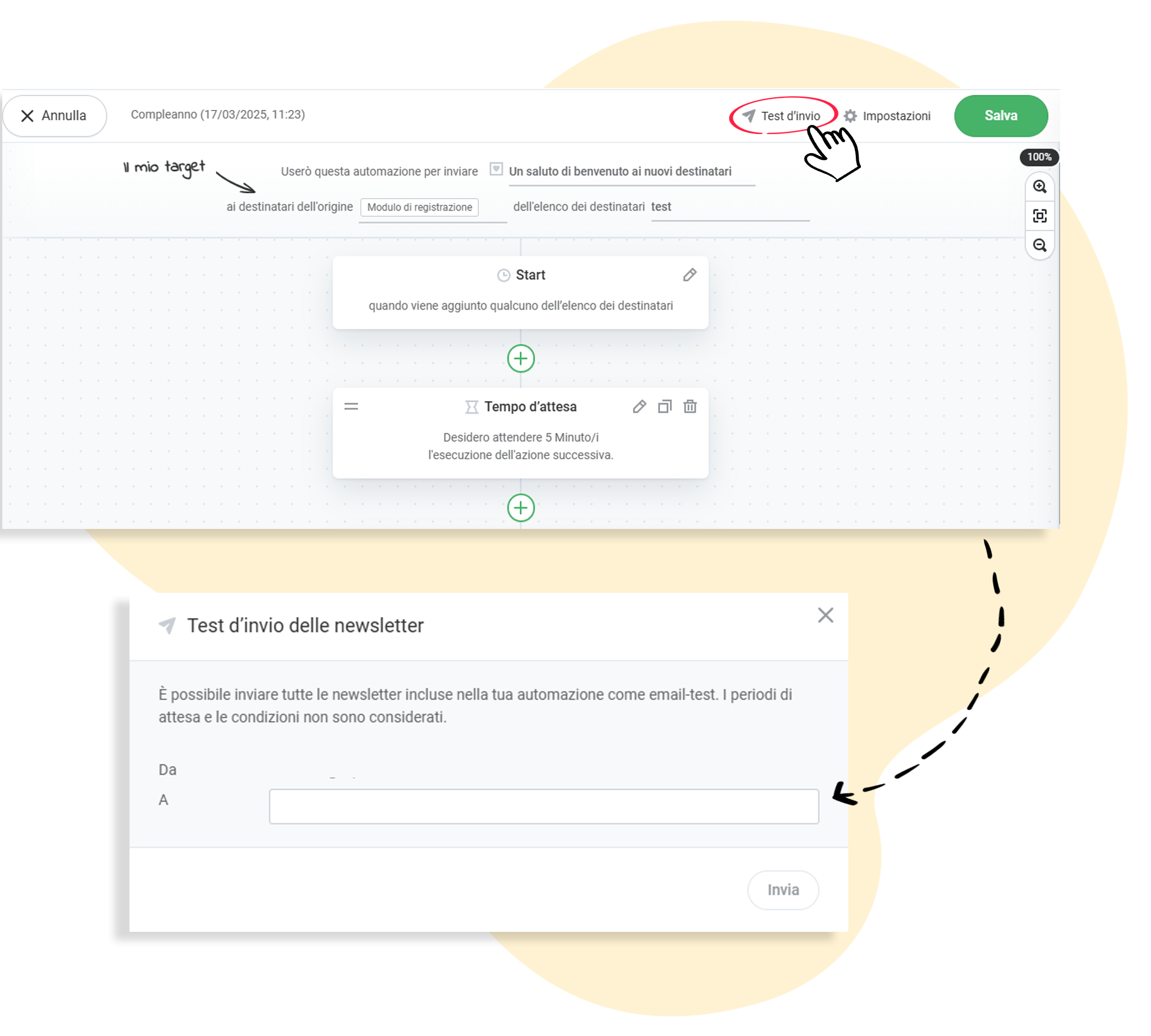 Selezionare il test d'invio e inserire il proprio indirizzo email