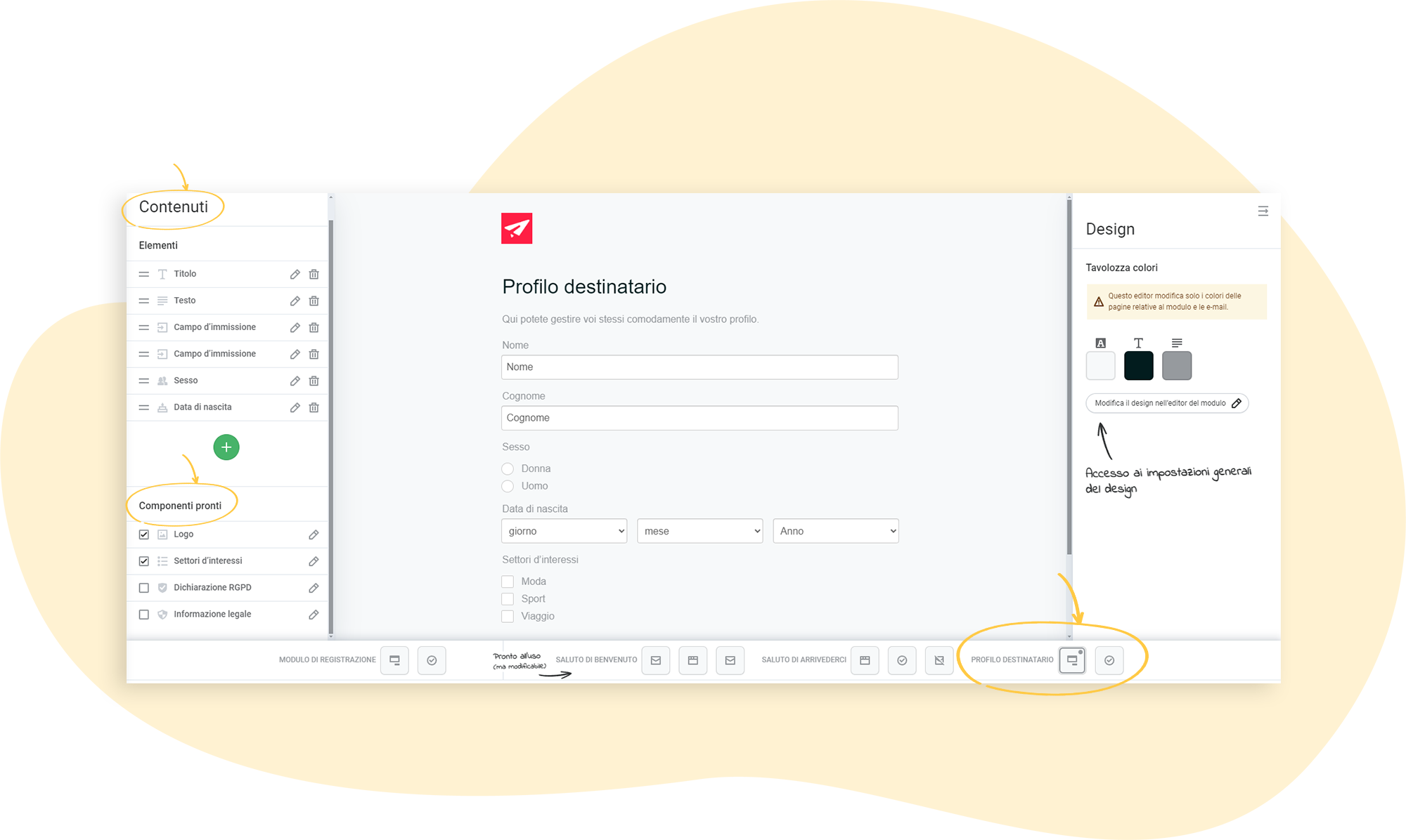 Vista dell'editor e delle sue opzioni: Pagina di configurazione del profilo del destinatario