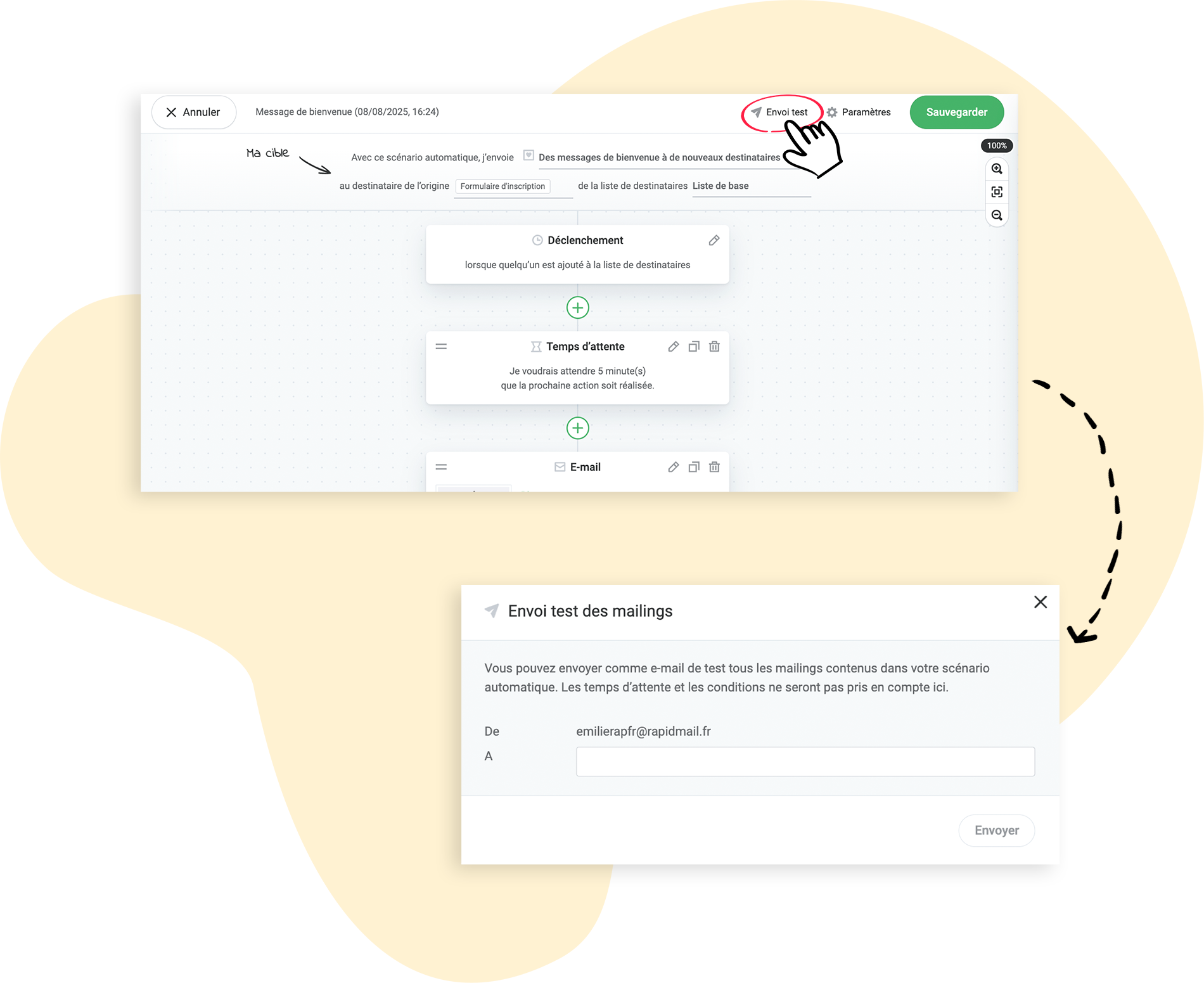 Sélectionner l'envoi de test et entrer l'adresse e-mail
