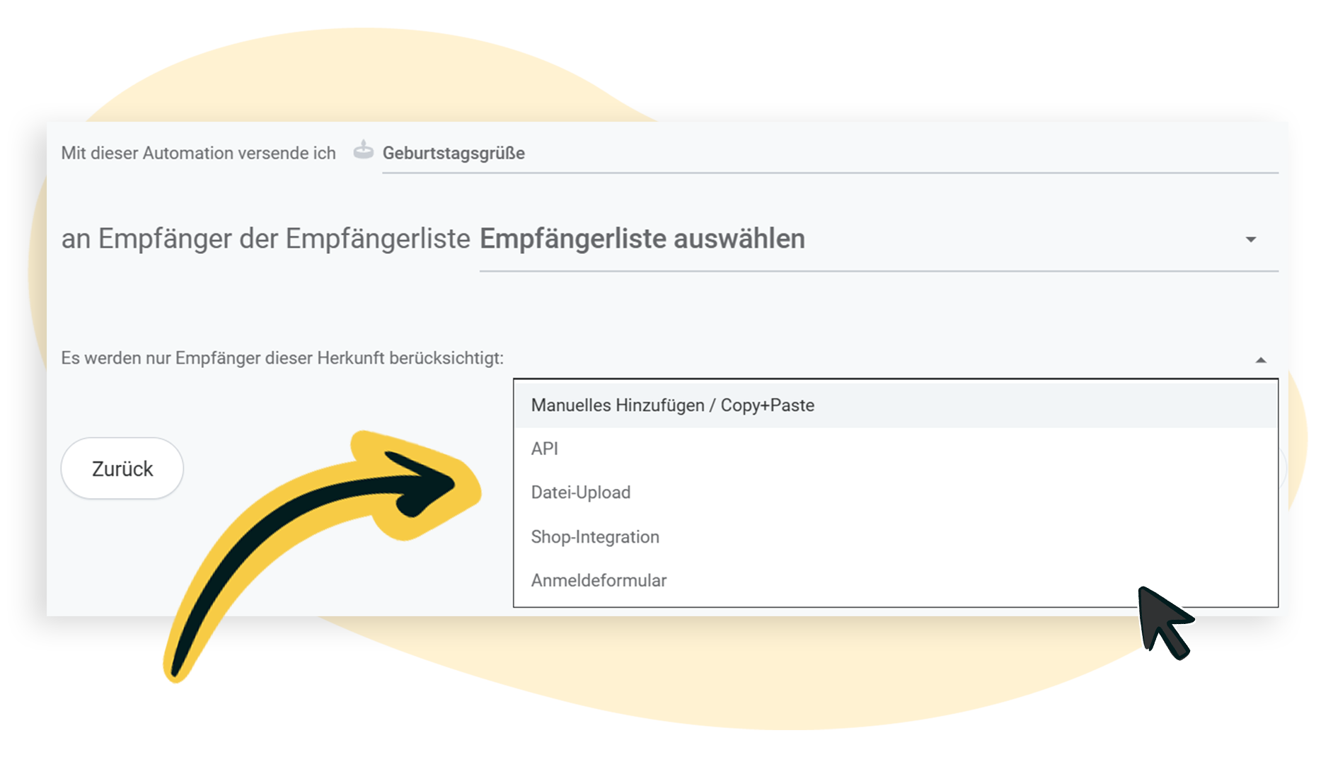 EmpfÃ¤ngerherkunft fÃ¼r die Automation auswÃ¤hlen
