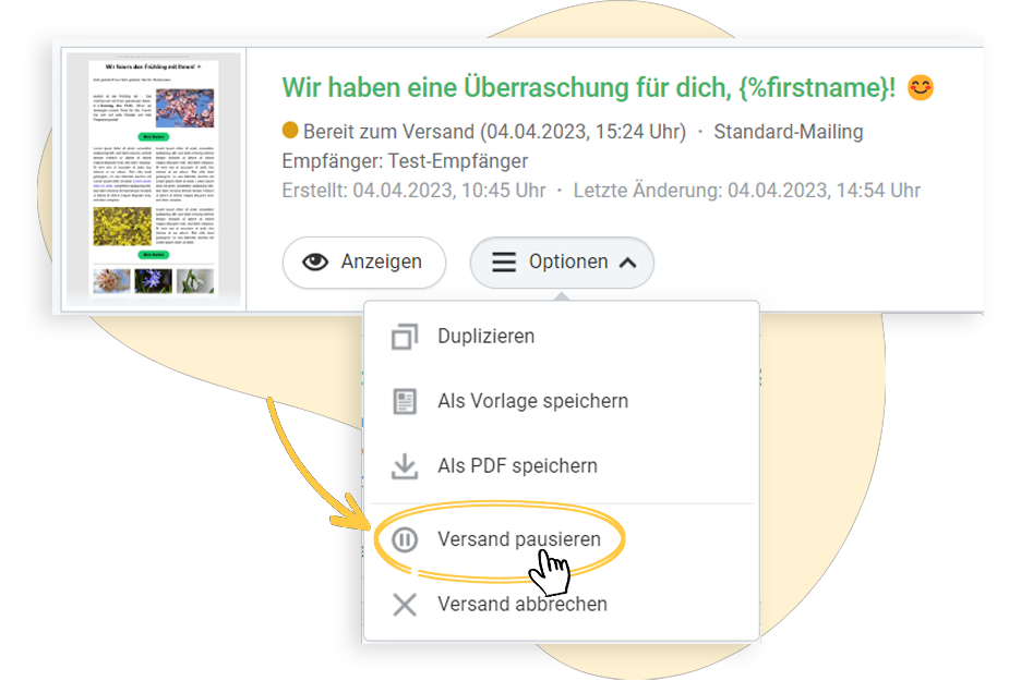 Newsletter-Optionen: Versand pausieren